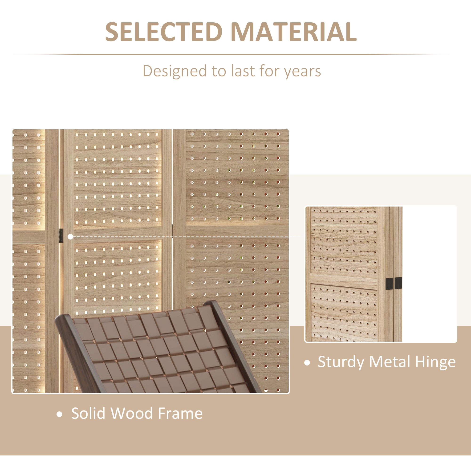 HOMCOM 5.6 Ft. Tall 4-Panel Room Divider, Pegboard Panel Freestanding Folding Privacy Screen Panels, Partition Wall Divider for Indoor Bedroom Office, Natural