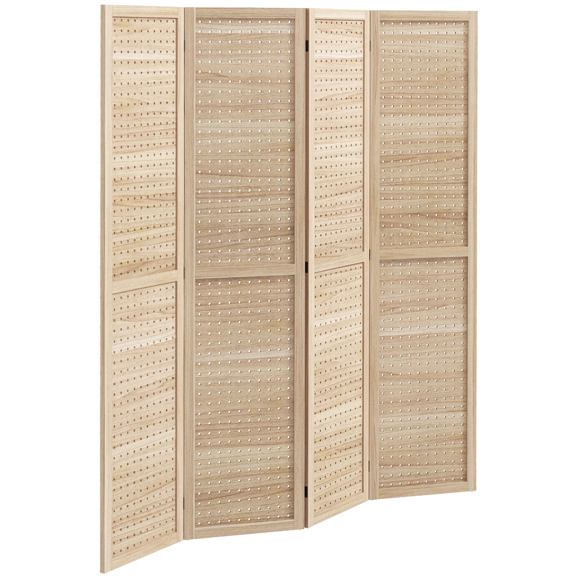 HOMCOM 5.6 Ft. Tall 4-Panel Room Divider, Pegboard Panel Freestanding Folding Privacy Screen Panels, Partition Wall Divider for Indoor Bedroom Office, Natural