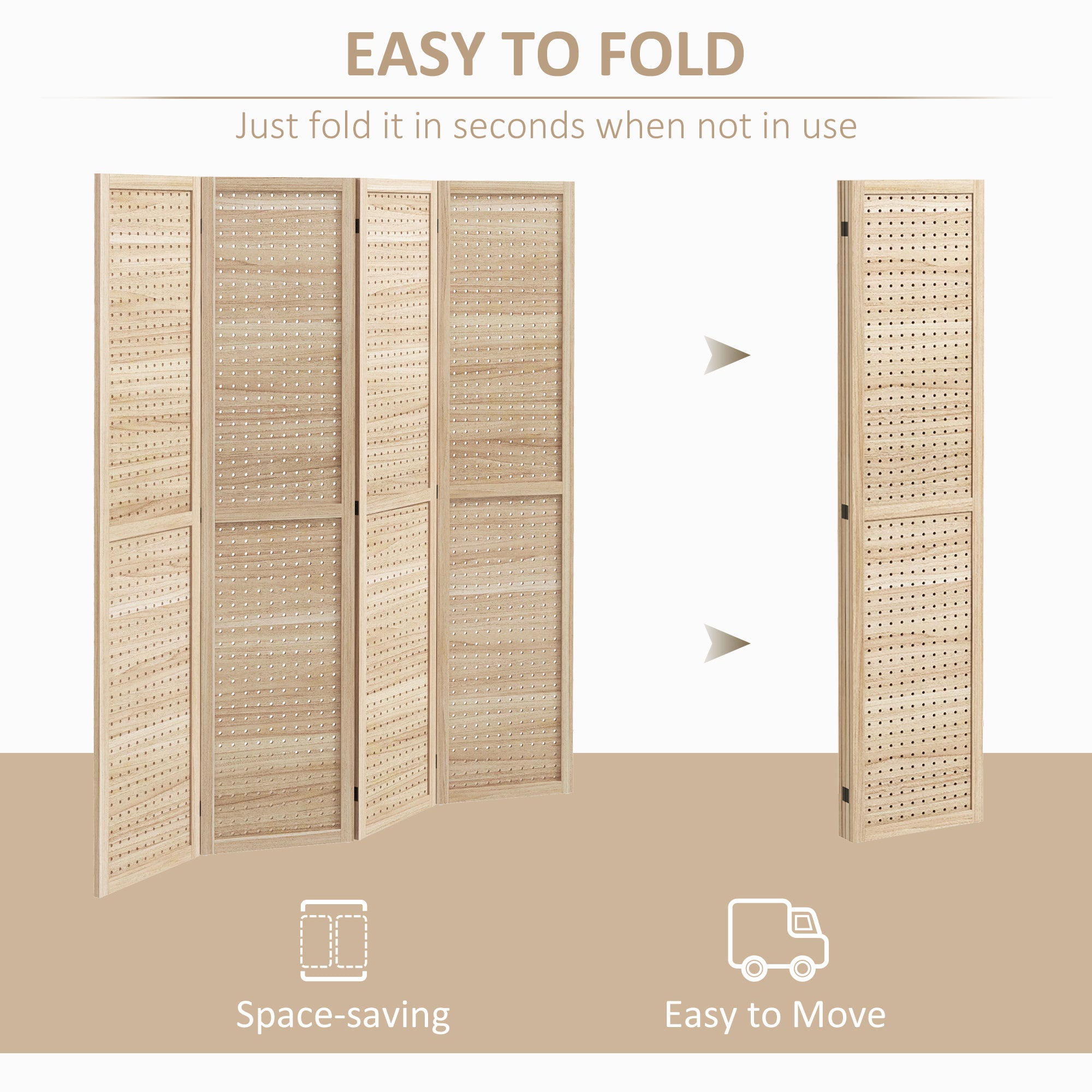 HOMCOM 5.6 Ft. Tall 4-Panel Room Divider, Pegboard Panel Freestanding Folding Privacy Screen Panels, Partition Wall Divider for Indoor Bedroom Office, Natural