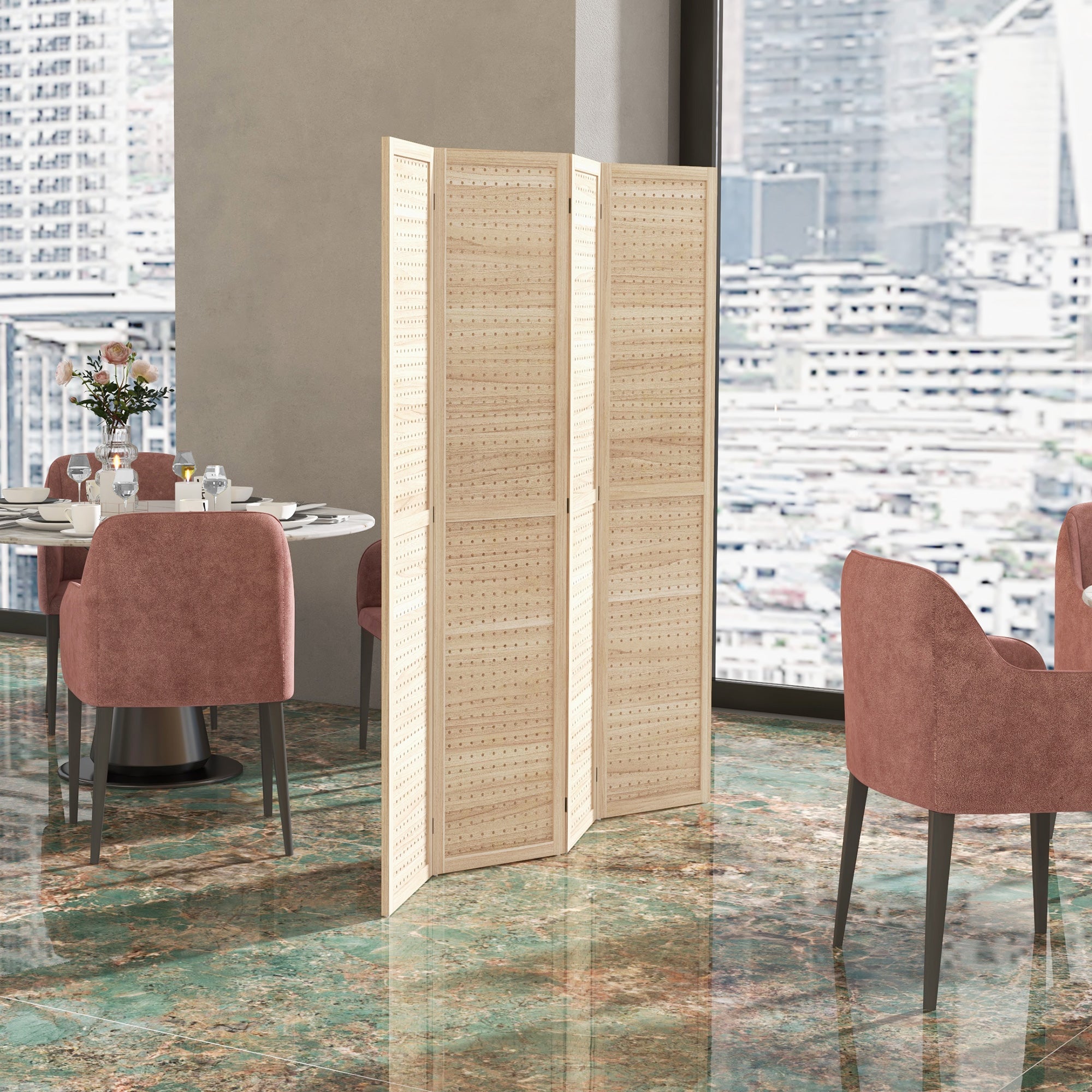 HOMCOM 5.6 Ft. Tall 4-Panel Room Divider, Pegboard Panel Freestanding Folding Privacy Screen Panels, Partition Wall Divider for Indoor Bedroom Office, Natural
