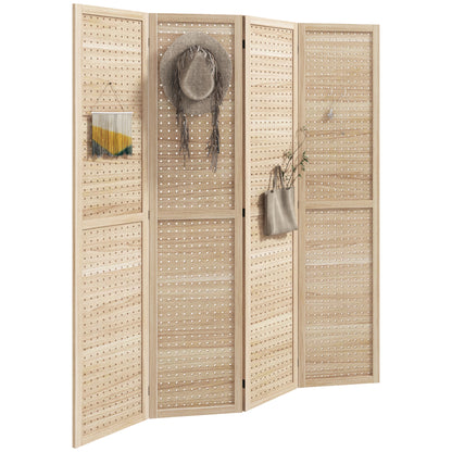 HOMCOM 5.6 Ft. Tall 4-Panel Room Divider, Pegboard Panel Freestanding Folding Privacy Screen Panels, Partition Wall Divider for Indoor Bedroom Office, Natural