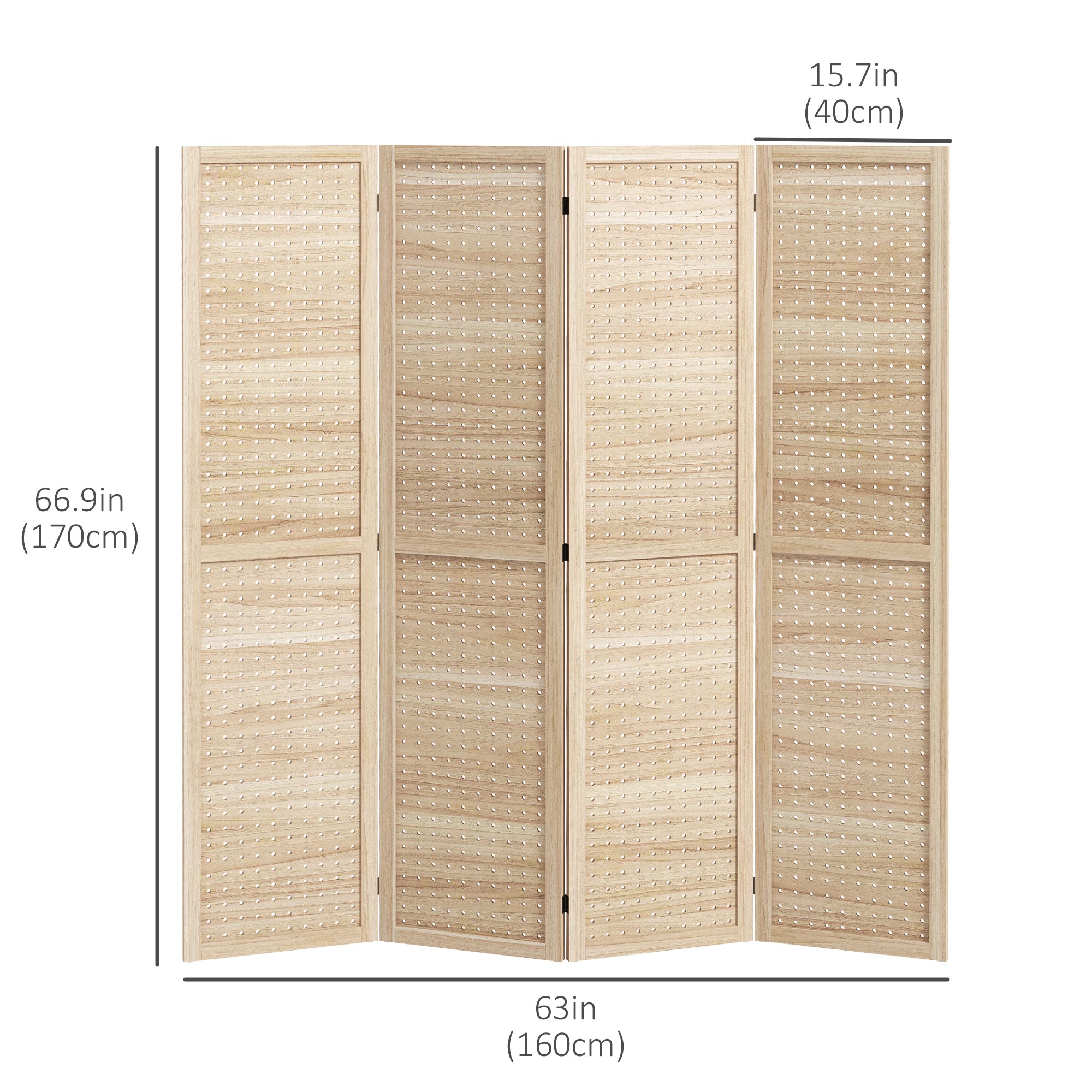 HOMCOM 5.6 Ft. Tall 4-Panel Room Divider, Pegboard Panel Freestanding Folding Privacy Screen Panels, Partition Wall Divider for Indoor Bedroom Office, Natural