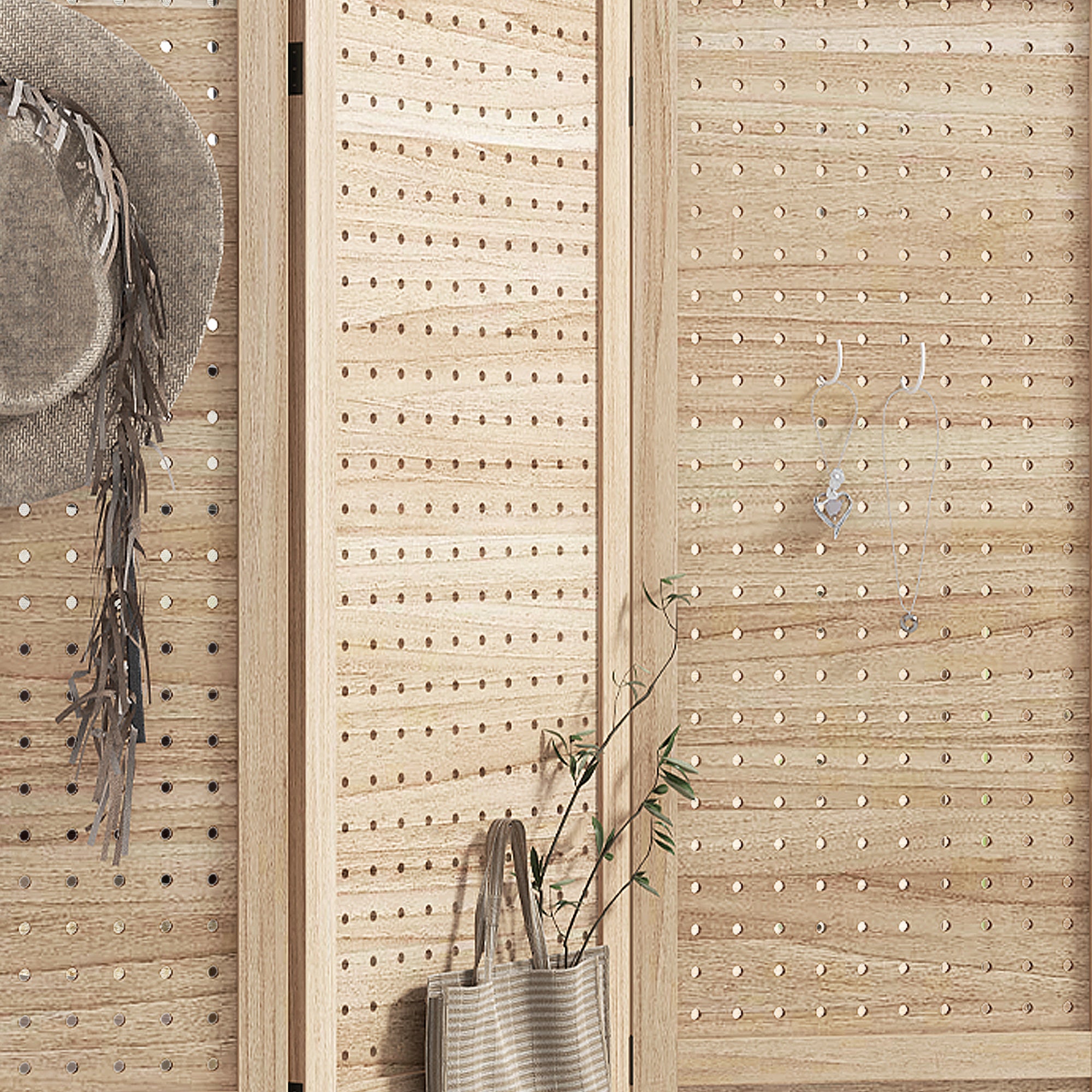 HOMCOM 5.6 Ft. Tall 4-Panel Room Divider, Pegboard Panel Freestanding Folding Privacy Screen Panels, Partition Wall Divider for Indoor Bedroom Office, Natural