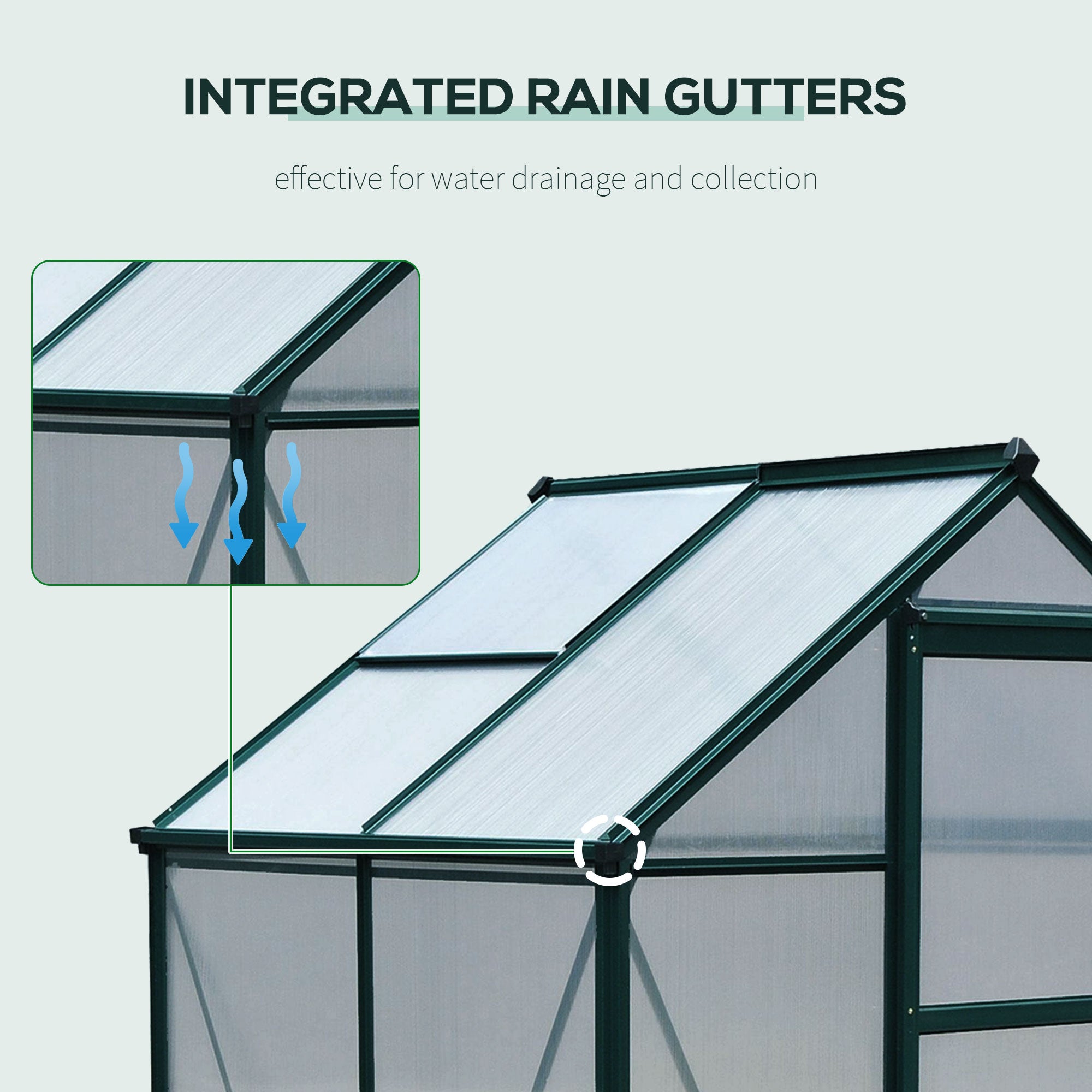 Outsunny 6' x 4' x 6.6' Polycarbonate Greenhouse, Walk-In Green House Kit Garden, Plants Grow, Galvanized Sheet Aluminum Frame with Rain Gutter, Vent and Sliding Door, Green