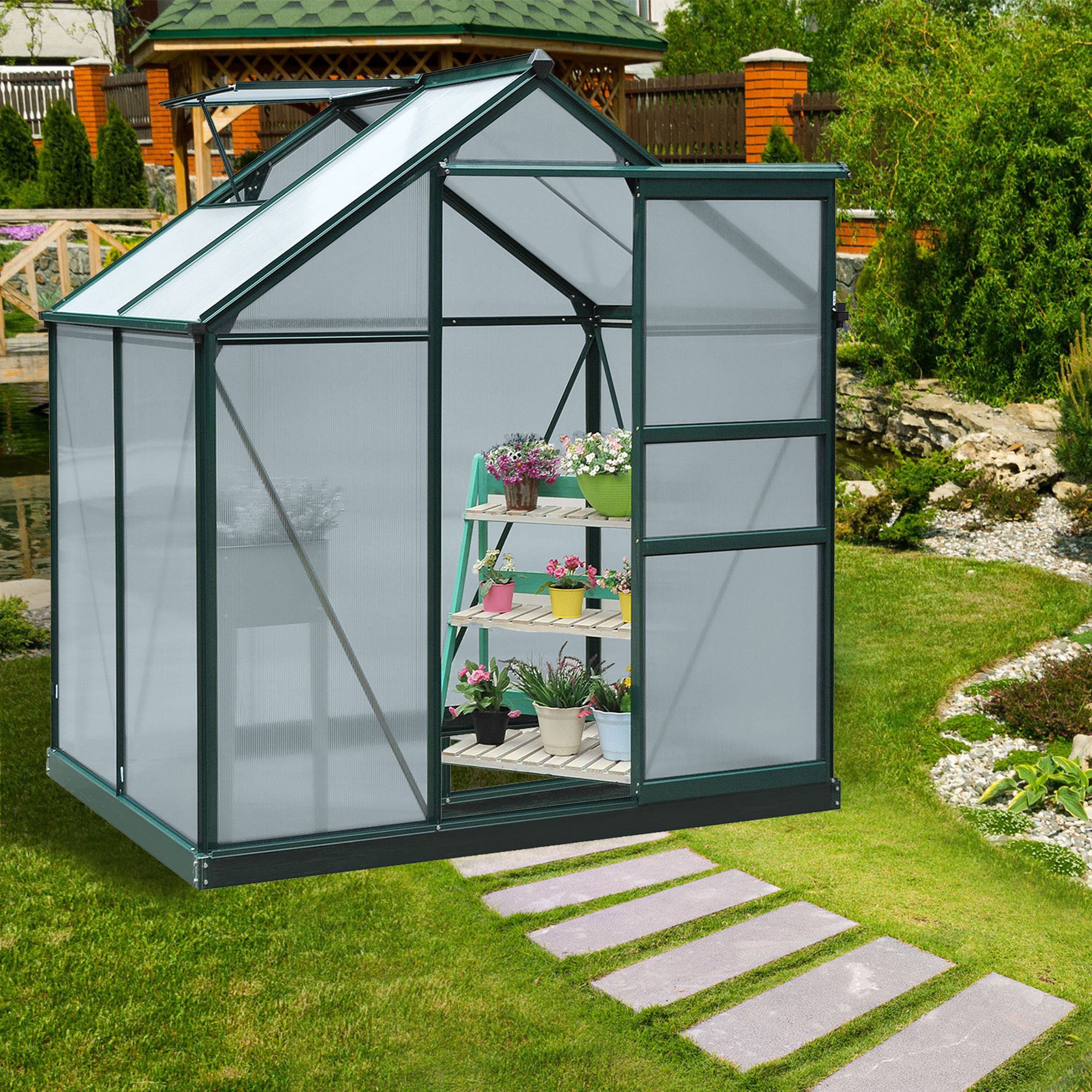 Outsunny 6' x 4' x 6.6' Polycarbonate Greenhouse, Walk-In Green House Kit Garden, Plants Grow, Galvanized Sheet Aluminum Frame with Rain Gutter, Vent and Sliding Door, Green