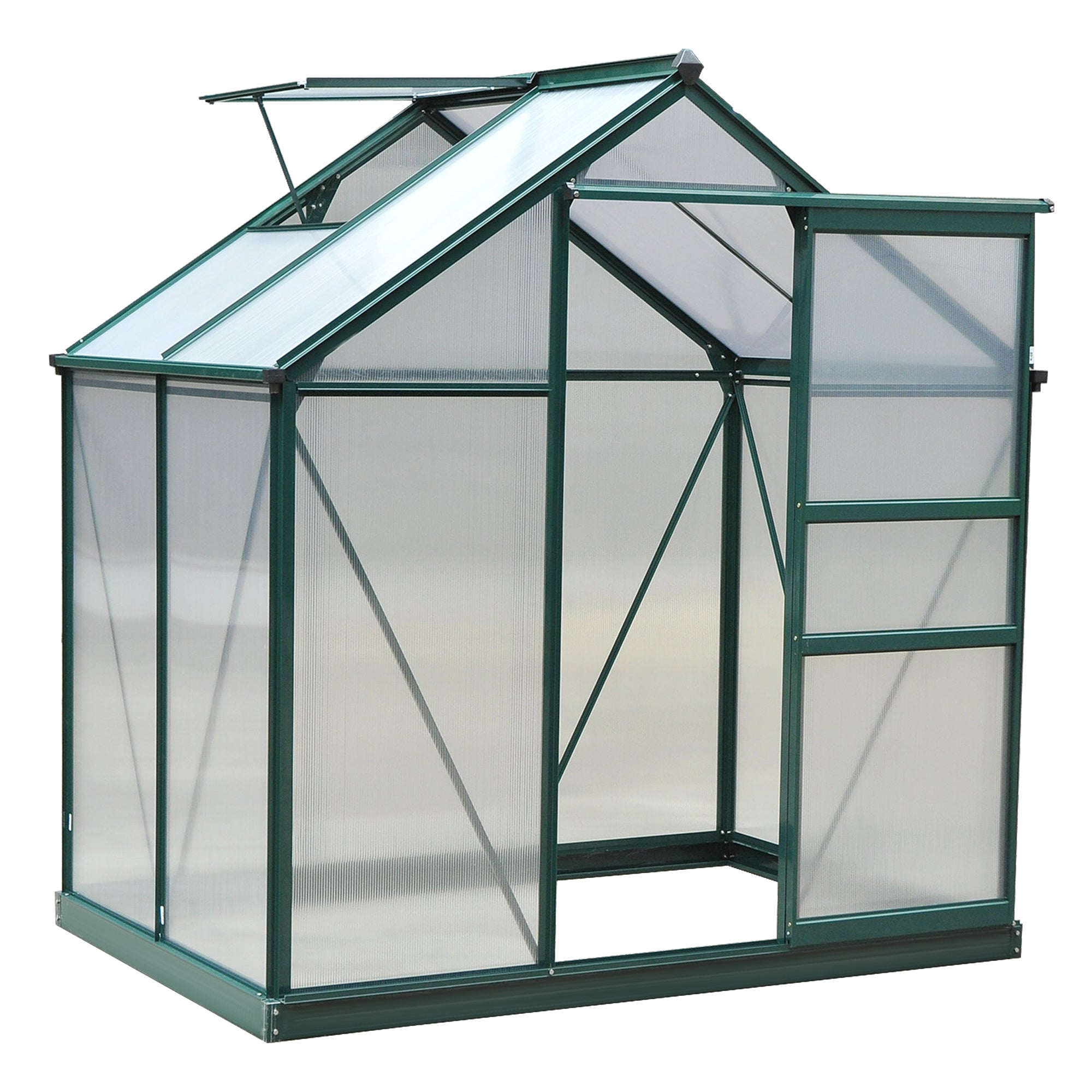 Outsunny 6' x 4' x 6.6' Polycarbonate Greenhouse, Walk-In Green House Kit Garden, Plants Grow, Galvanized Sheet Aluminum Frame with Rain Gutter, Vent and Sliding Door, Green