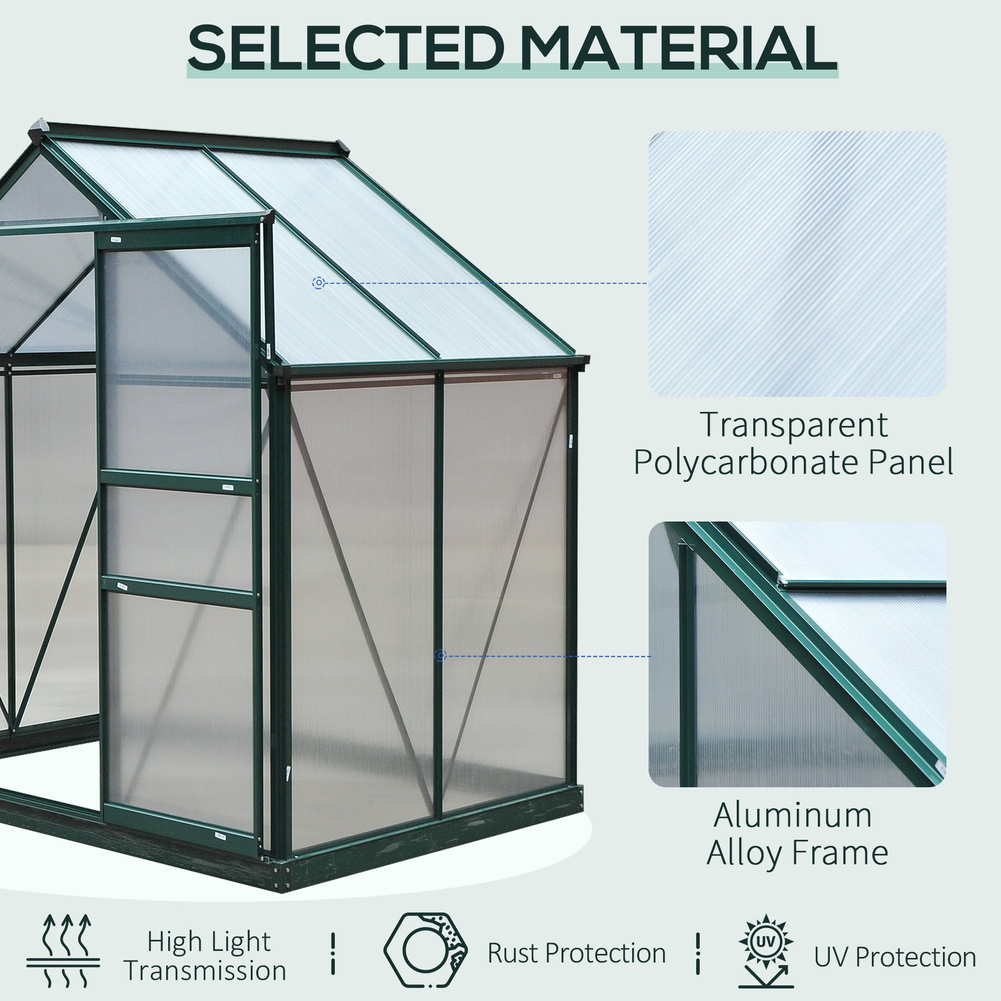 Outsunny 6' x 4' x 6.6' Polycarbonate Greenhouse, Walk-In Green House Kit Garden, Plants Grow, Galvanized Sheet Aluminum Frame with Rain Gutter, Vent and Sliding Door, Green
