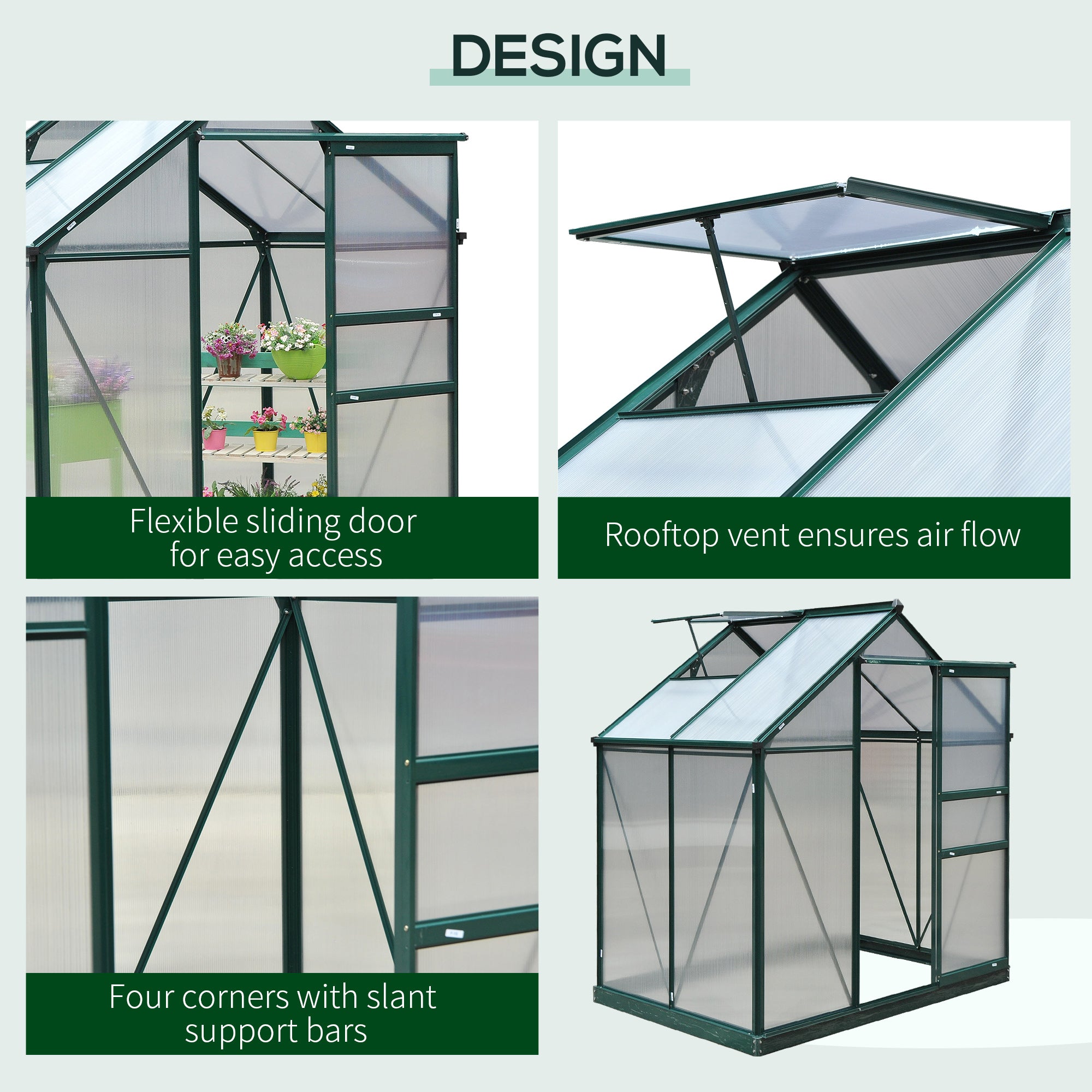 Outsunny 6' x 4' x 6.6' Polycarbonate Greenhouse, Walk-In Green House Kit Garden, Plants Grow, Galvanized Sheet Aluminum Frame with Rain Gutter, Vent and Sliding Door, Green