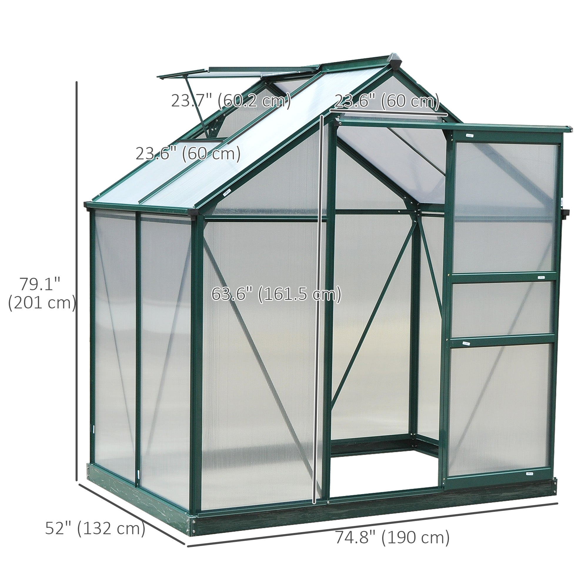 Outsunny 6' x 4' x 6.6' Polycarbonate Greenhouse, Walk-In Green House Kit Garden, Plants Grow, Galvanized Sheet Aluminum Frame with Rain Gutter, Vent and Sliding Door, Green