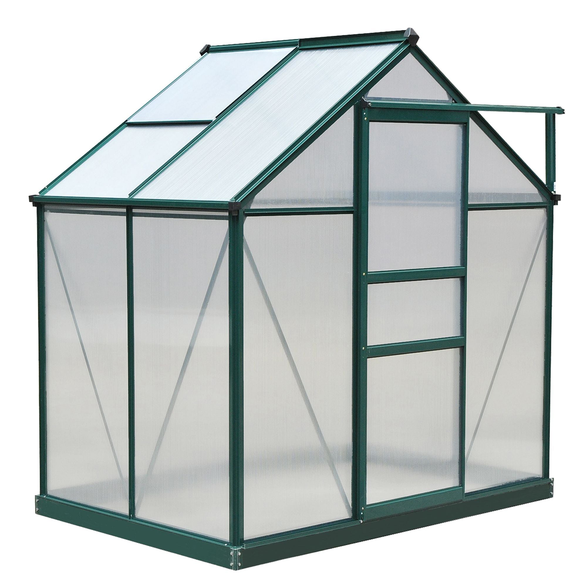 Outsunny 6' x 4' x 6.6' Polycarbonate Greenhouse, Walk-In Green House Kit Garden, Plants Grow, Galvanized Sheet Aluminum Frame with Rain Gutter, Vent and Sliding Door, Green