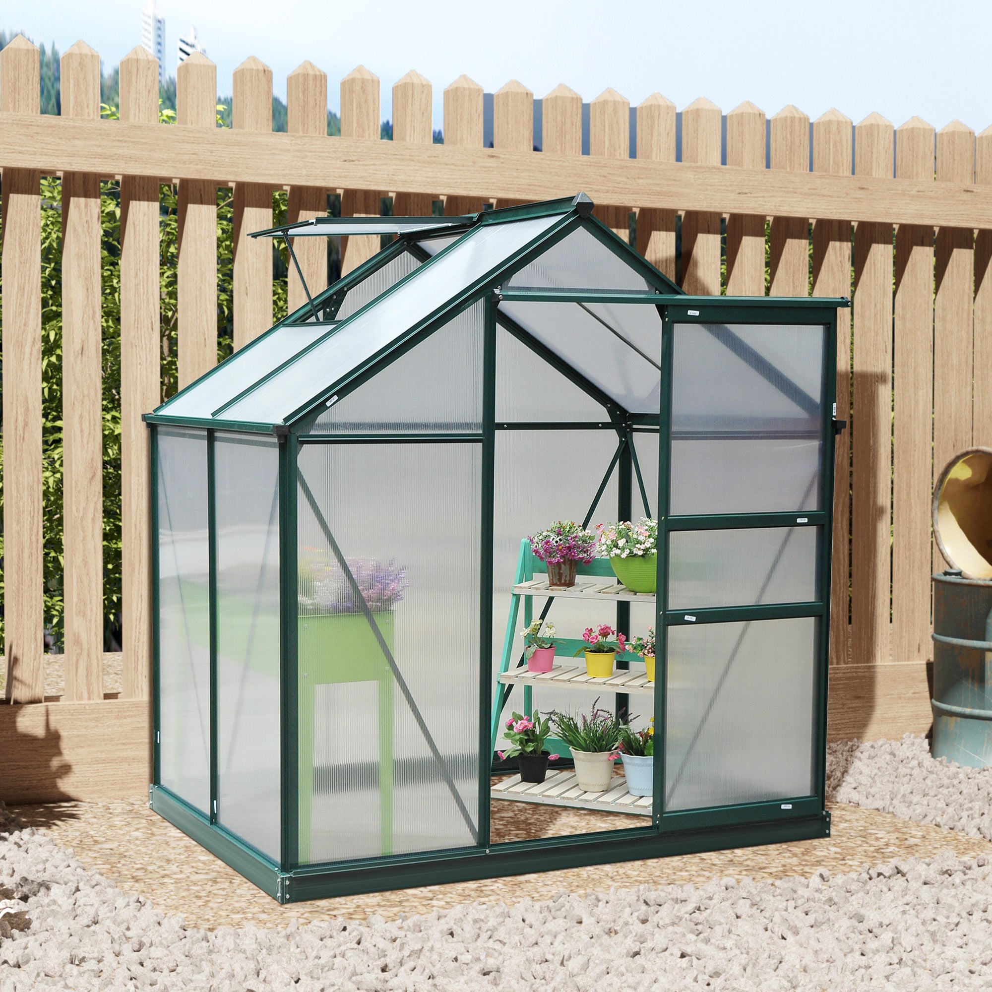 Outsunny 6' x 4' x 6.6' Polycarbonate Greenhouse, Walk-In Green House Kit Garden, Plants Grow, Galvanized Sheet Aluminum Frame with Rain Gutter, Vent and Sliding Door, Green