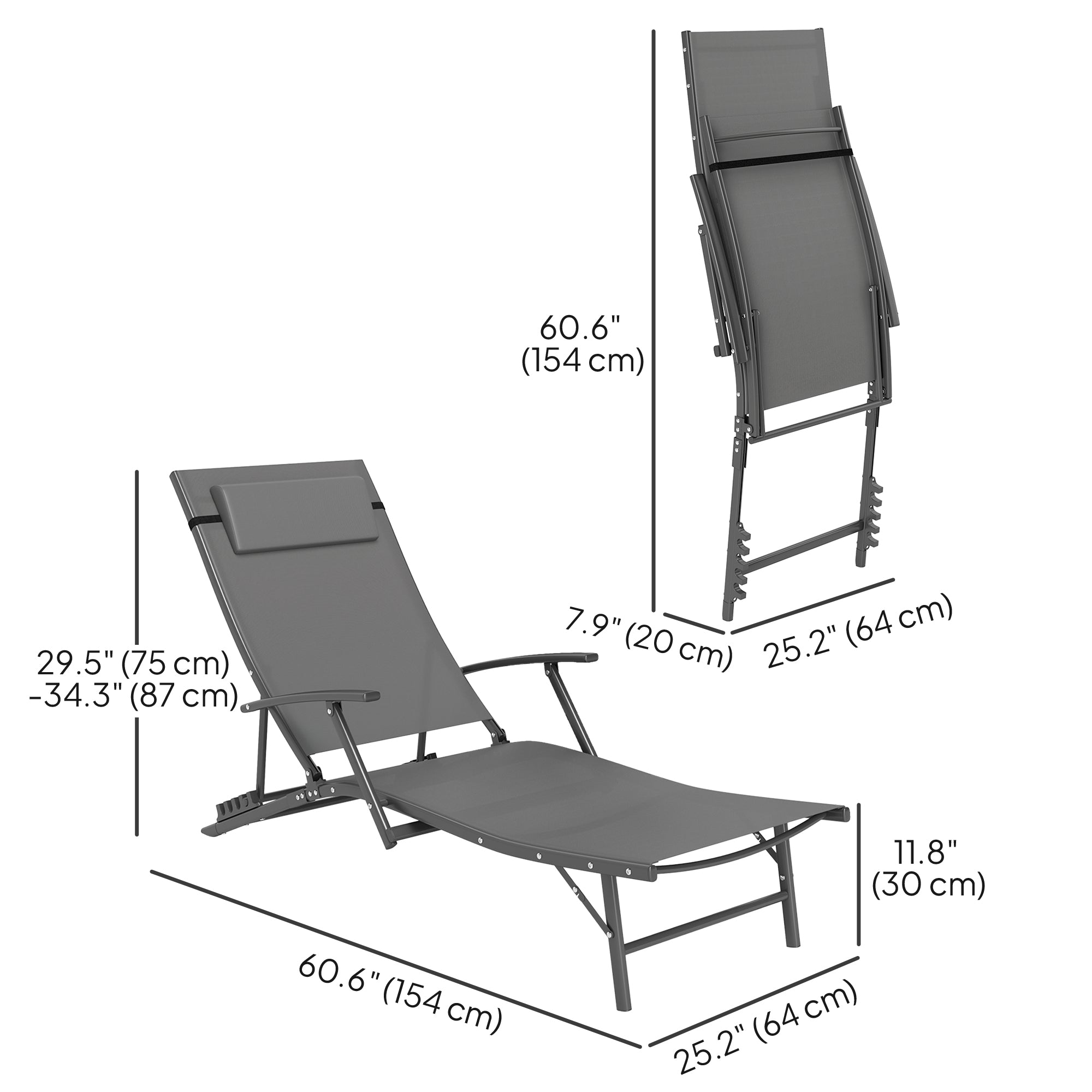 Outsunny Set of 2 Folding Lounge Chairs, Outdoor Chaise Tanning Chair with 4 Adjustable Backrest, Pillow, Steel Frame, Portable Sun Lounger for Patio, Garden, Beach, Grey