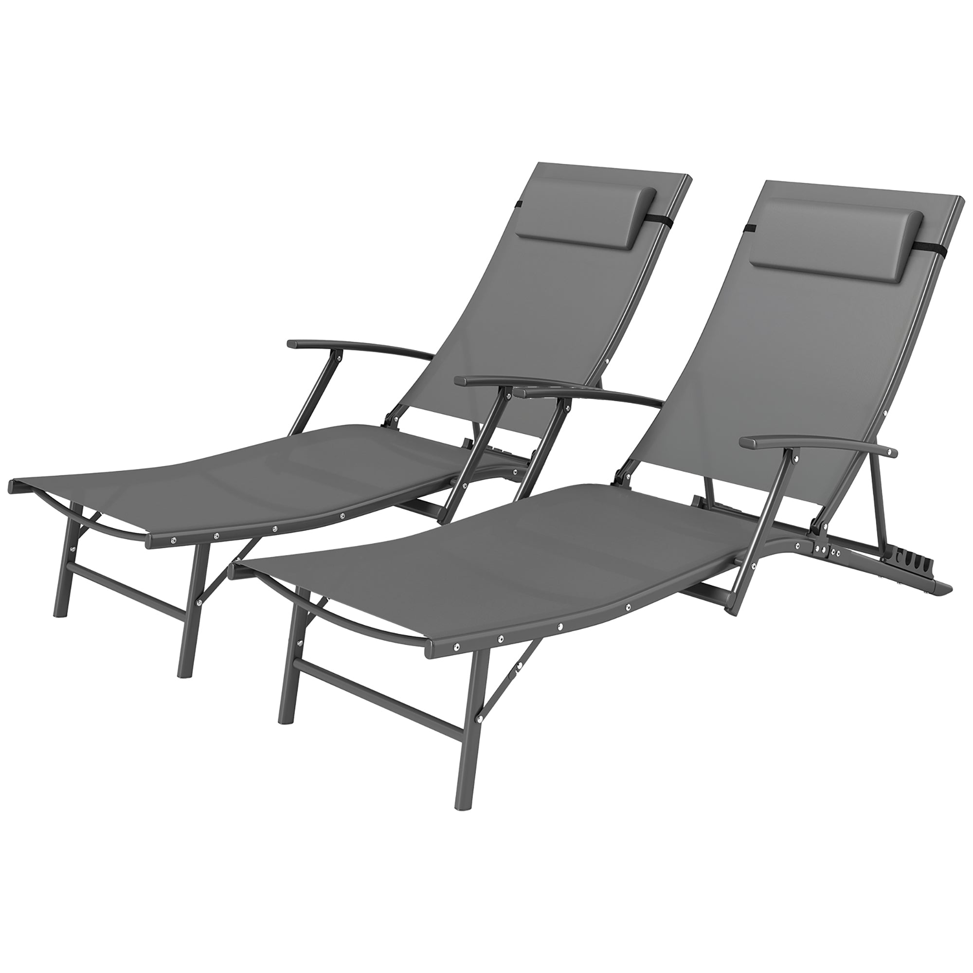 Outsunny Set of 2 Folding Lounge Chairs, Outdoor Chaise Tanning Chair with 4 Adjustable Backrest, Pillow, Steel Frame, Portable Sun Lounger for Patio, Garden, Beach, Grey