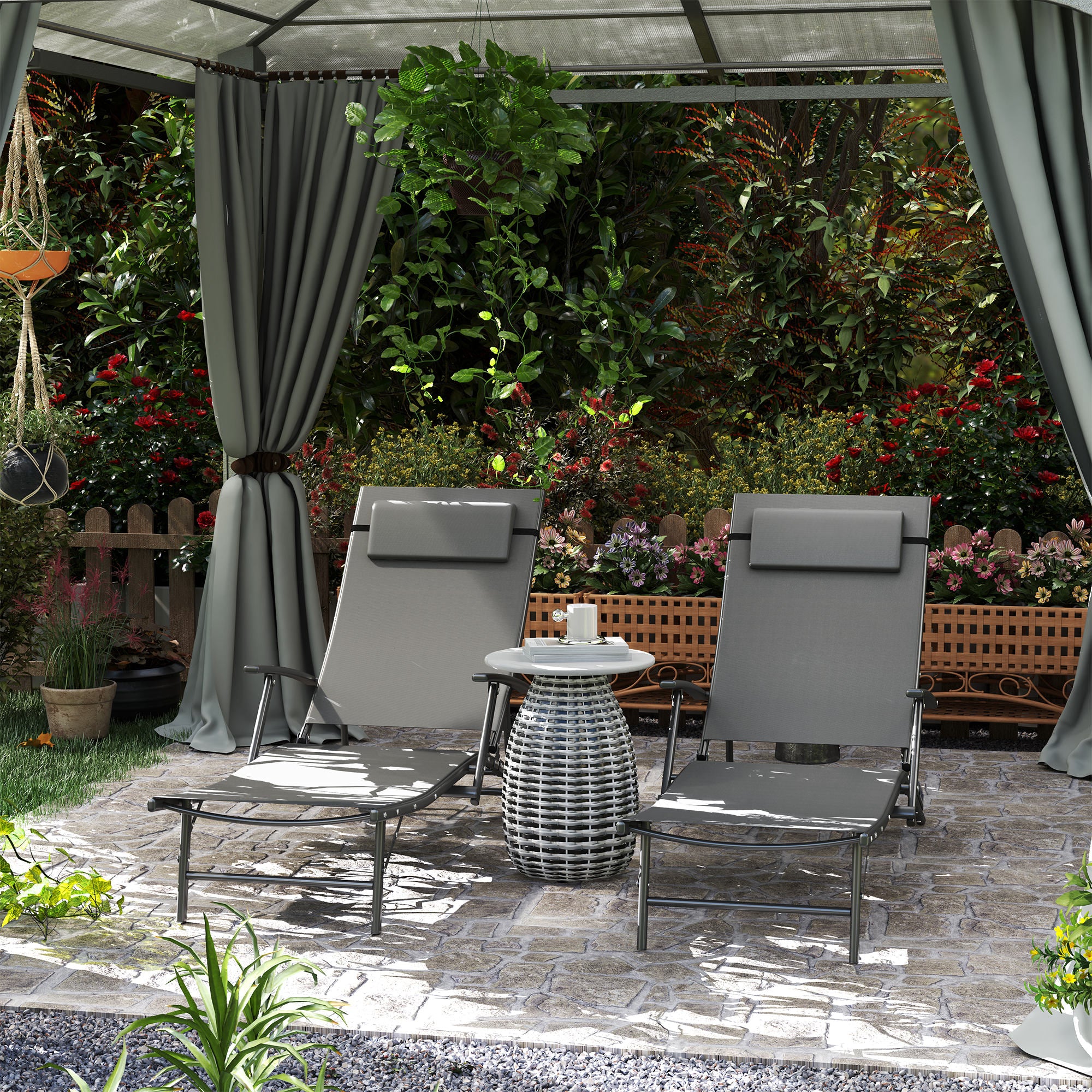 Outsunny Set of 2 Folding Lounge Chairs, Outdoor Chaise Tanning Chair with 4 Adjustable Backrest, Pillow, Steel Frame, Portable Sun Lounger for Patio, Garden, Beach, Grey