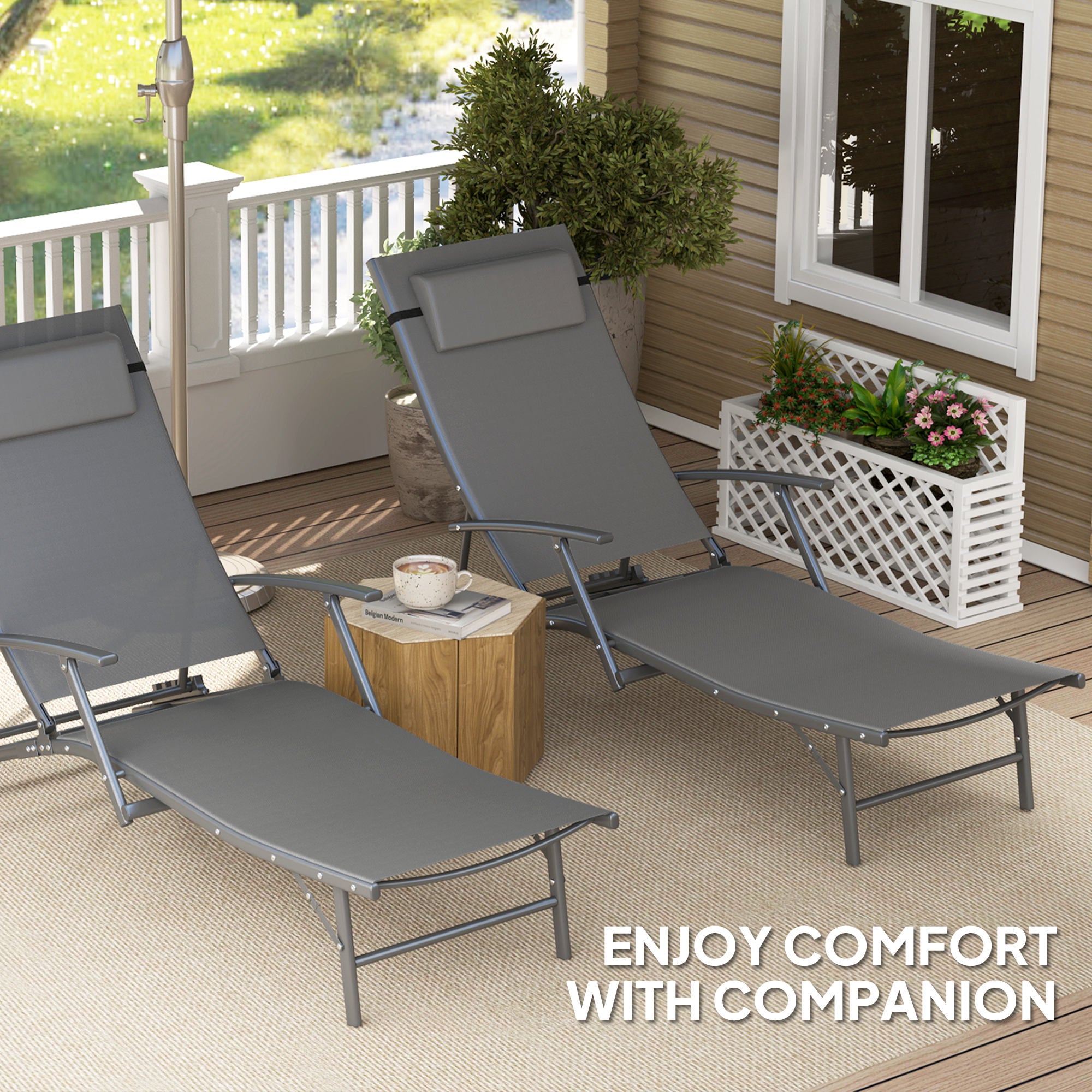 Outsunny Set of 2 Folding Lounge Chairs, Outdoor Chaise Tanning Chair with 4 Adjustable Backrest, Pillow, Steel Frame, Portable Sun Lounger for Patio, Garden, Beach, Grey