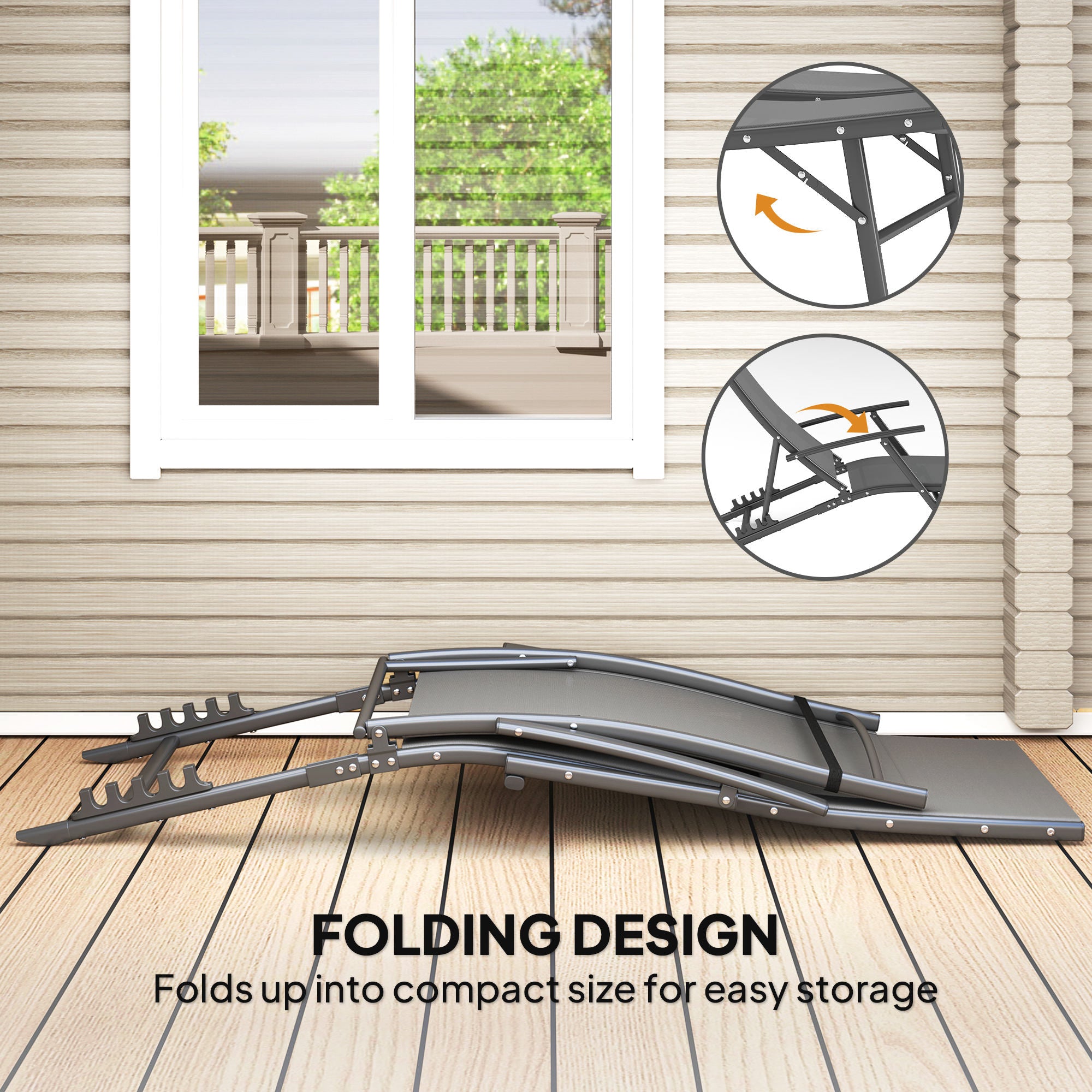 Outsunny Set of 2 Folding Lounge Chairs, Outdoor Chaise Tanning Chair with 4 Adjustable Backrest, Pillow, Steel Frame, Portable Sun Lounger for Patio, Garden, Beach, Grey