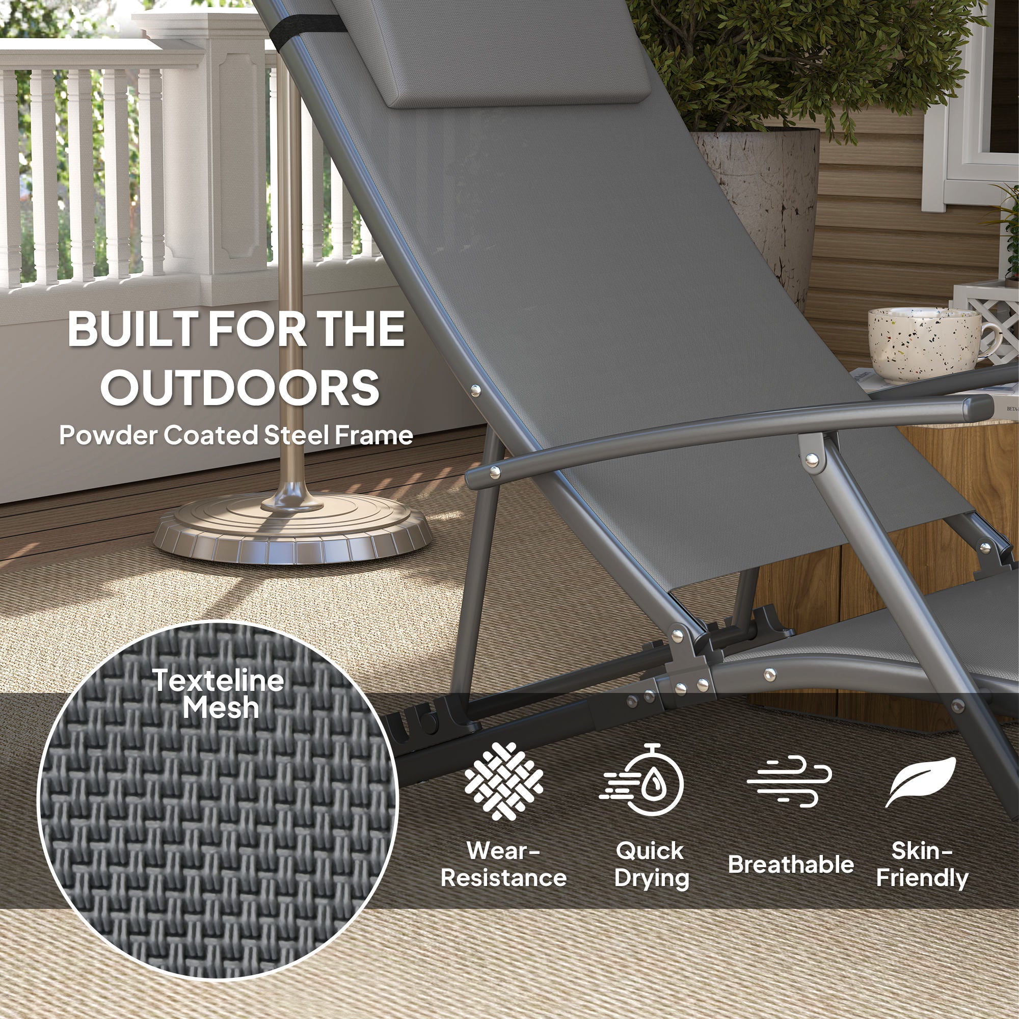 Outsunny Set of 2 Folding Lounge Chairs, Outdoor Chaise Tanning Chair with 4 Adjustable Backrest, Pillow, Steel Frame, Portable Sun Lounger for Patio, Garden, Beach, Grey