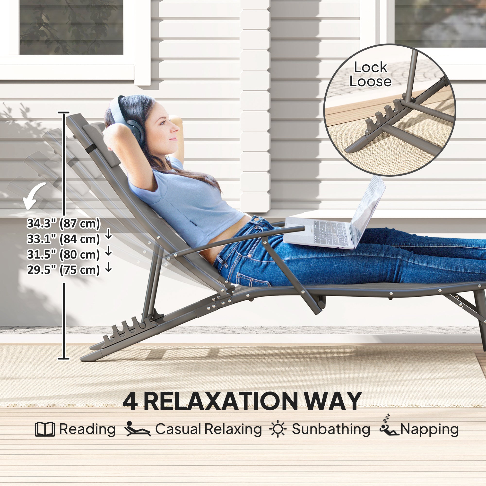 Outsunny Set of 2 Folding Lounge Chairs, Outdoor Chaise Tanning Chair with 4 Adjustable Backrest, Pillow, Steel Frame, Portable Sun Lounger for Patio, Garden, Beach, Grey