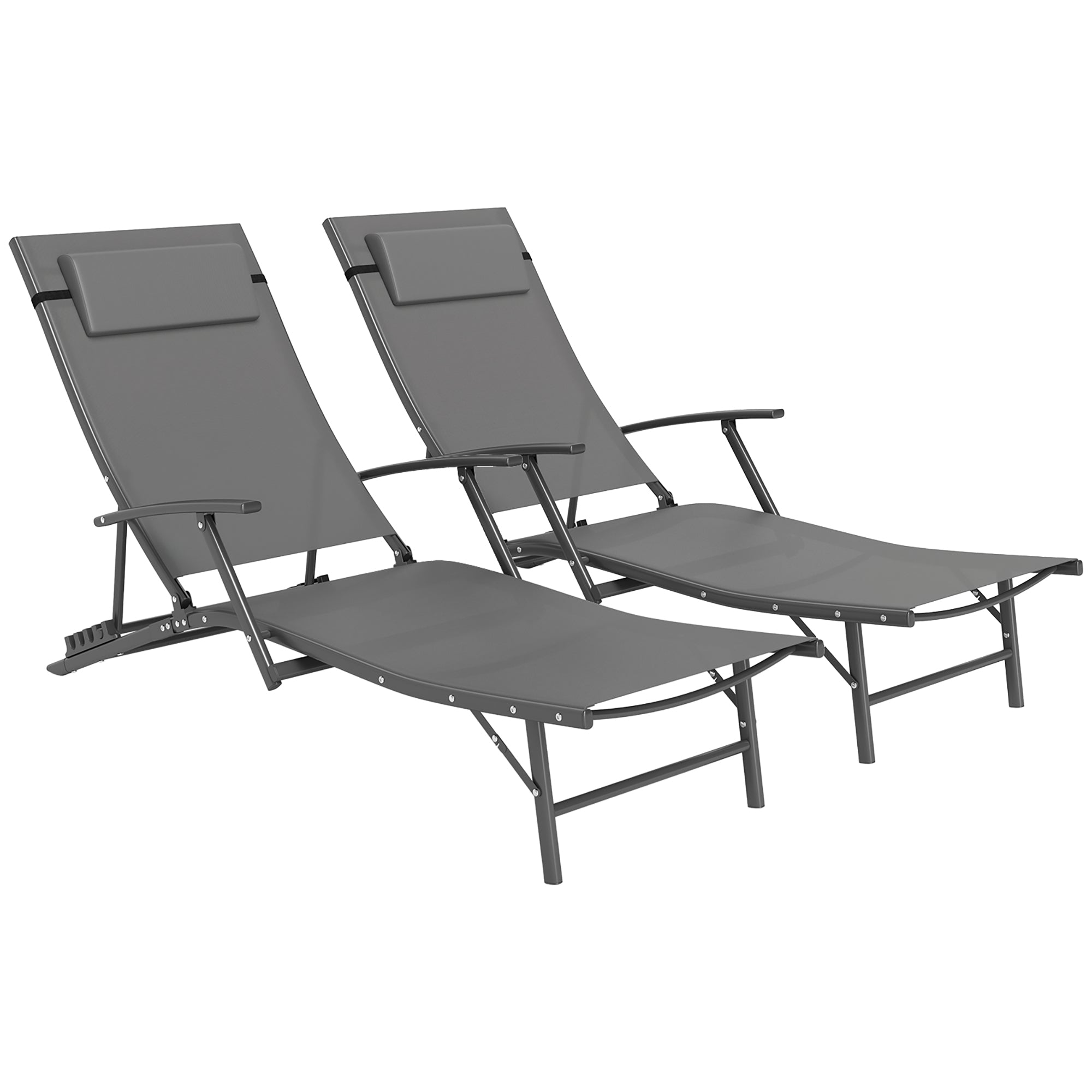 Outsunny Set of 2 Folding Lounge Chairs, Outdoor Chaise Tanning Chair with 4 Adjustable Backrest, Pillow, Steel Frame, Portable Sun Lounger for Patio, Garden, Beach, Grey