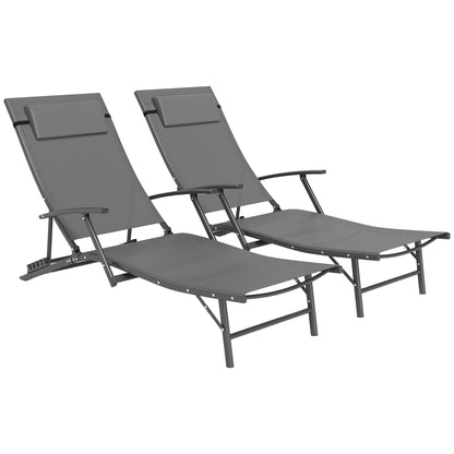 Outsunny Set of 2 Folding Lounge Chairs, Outdoor Chaise Tanning Chair with 4 Adjustable Backrest, Pillow, Steel Frame, Portable Sun Lounger for Patio, Garden, Beach, Grey
