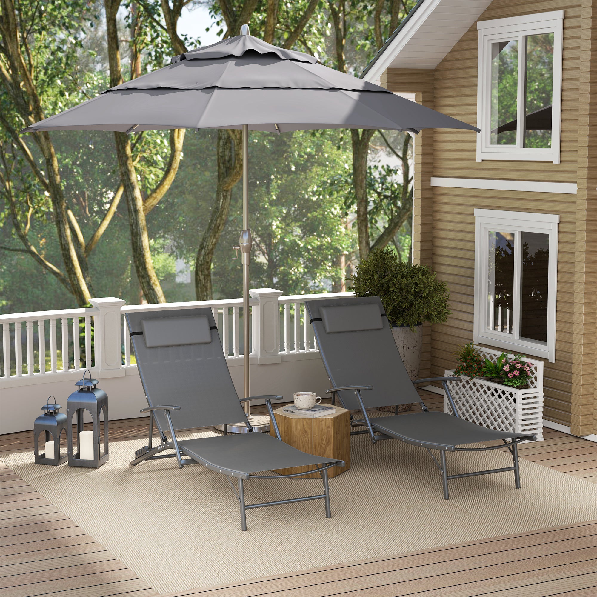 Outsunny Set of 2 Folding Lounge Chairs, Outdoor Chaise Tanning Chair with 4 Adjustable Backrest, Pillow, Steel Frame, Portable Sun Lounger for Patio, Garden, Beach, Grey