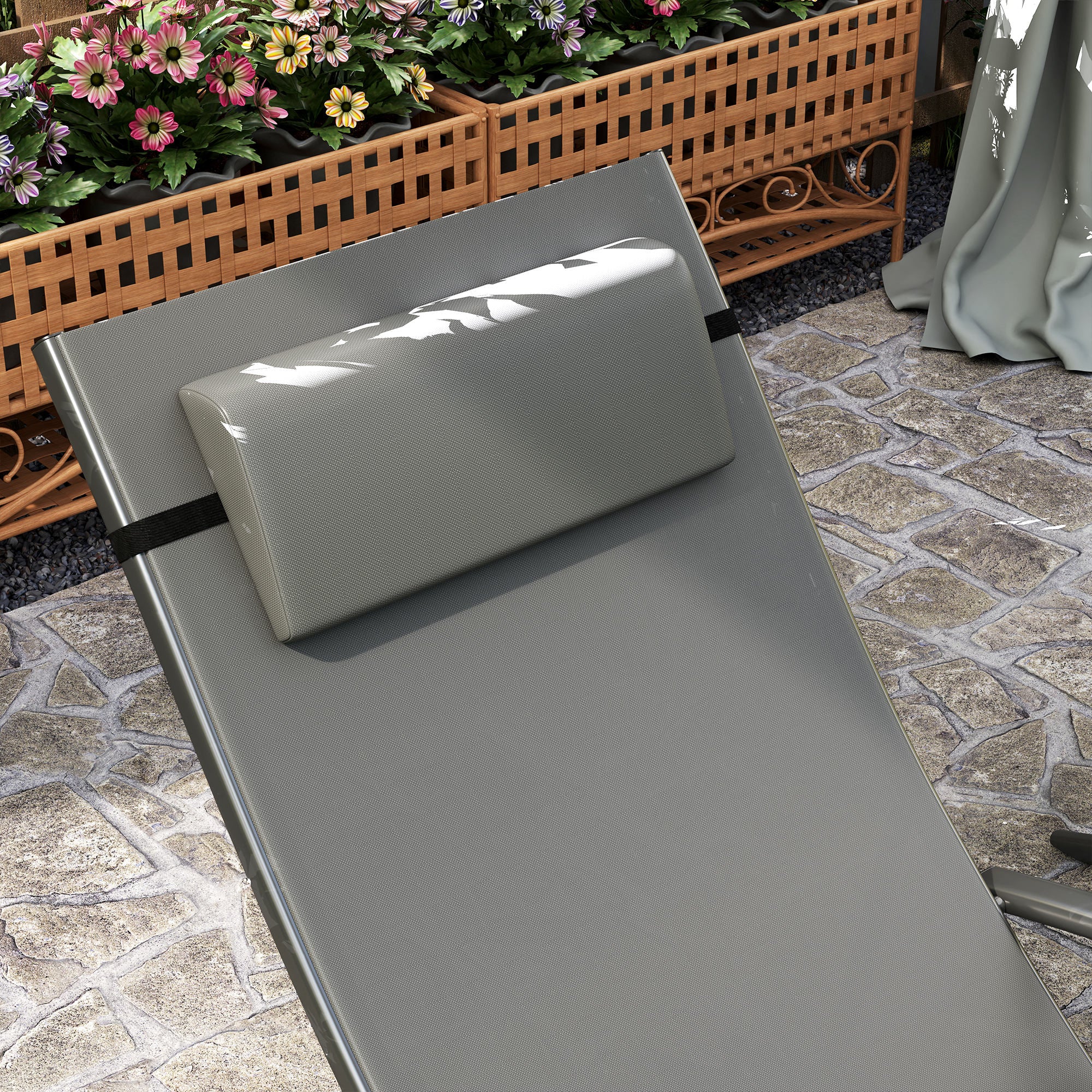 Outsunny Set of 2 Folding Lounge Chairs, Outdoor Chaise Tanning Chair with 4 Adjustable Backrest, Pillow, Steel Frame, Portable Sun Lounger for Patio, Garden, Beach, Grey