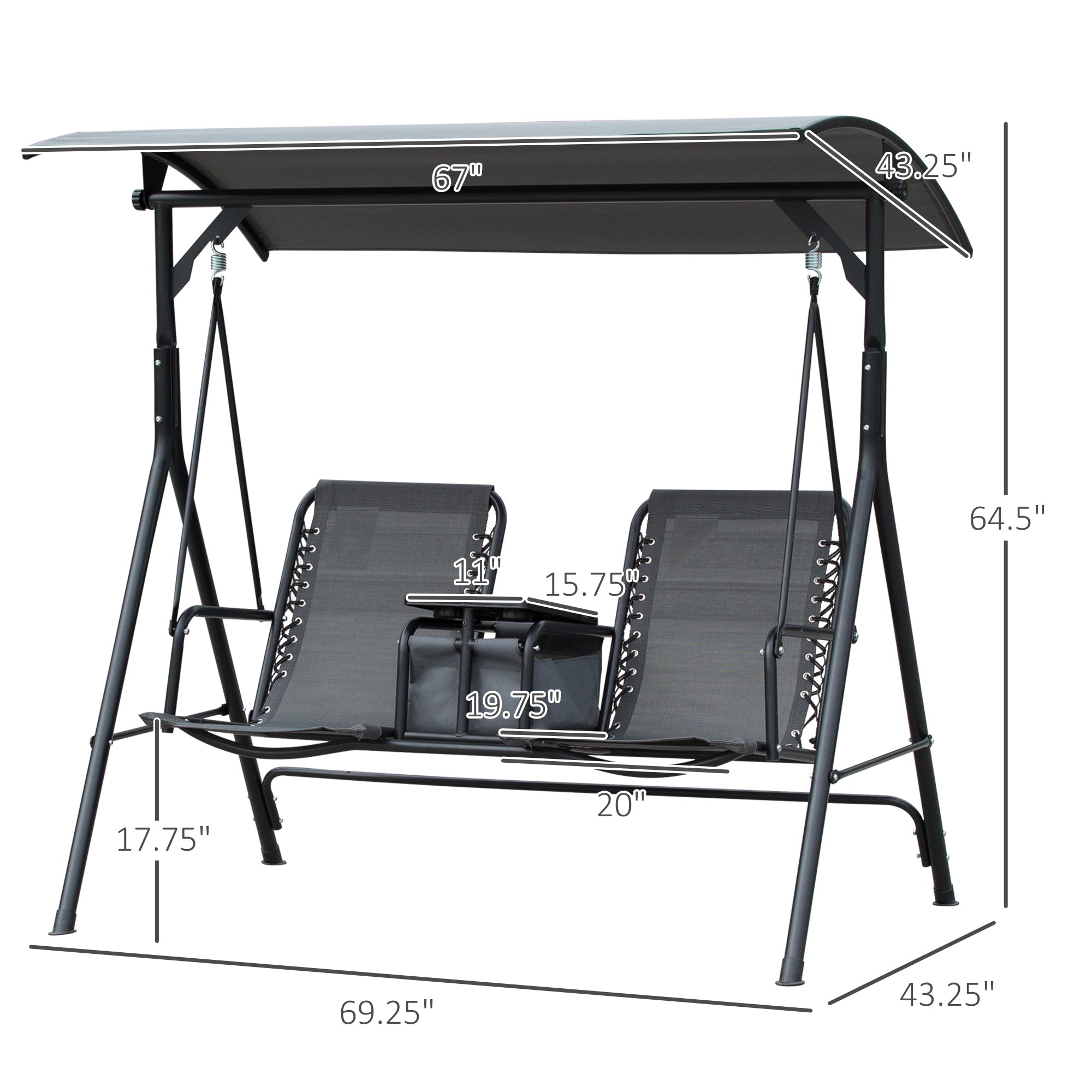 Outsunny 2 Person Covered Porch Swing Patio Swing with Pivot Storage Table, Cup Holder, & Adjustable Overhead Canopy, Grey