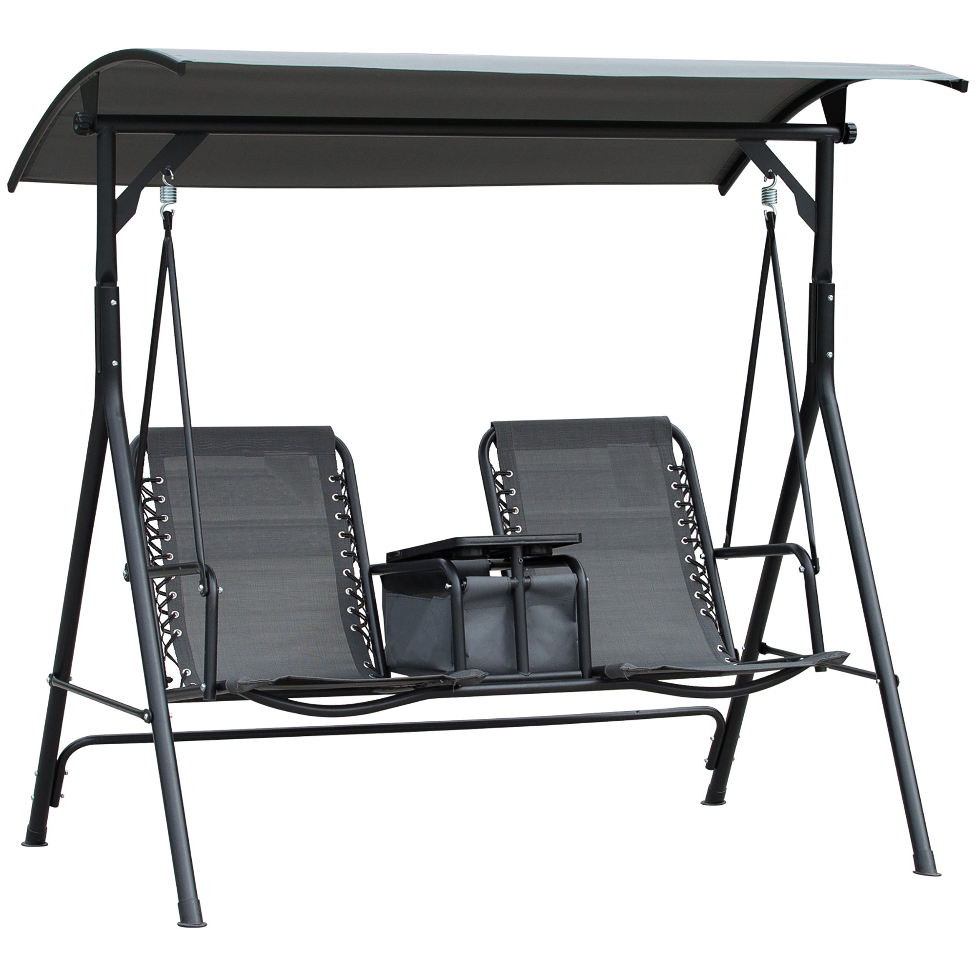 Outsunny 2 Person Covered Porch Swing Patio Swing with Pivot Storage Table, Cup Holder, & Adjustable Overhead Canopy, Grey