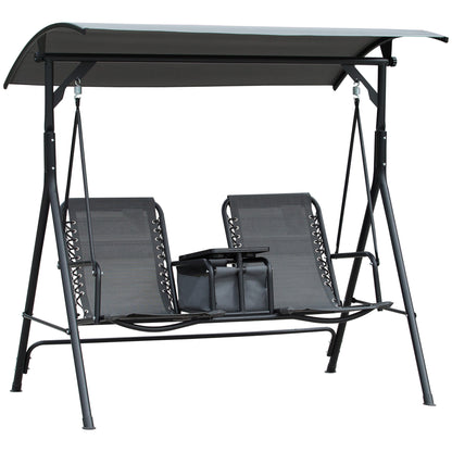 Outsunny 2 Person Covered Porch Swing Patio Swing with Pivot Storage Table, Cup Holder, & Adjustable Overhead Canopy, Grey
