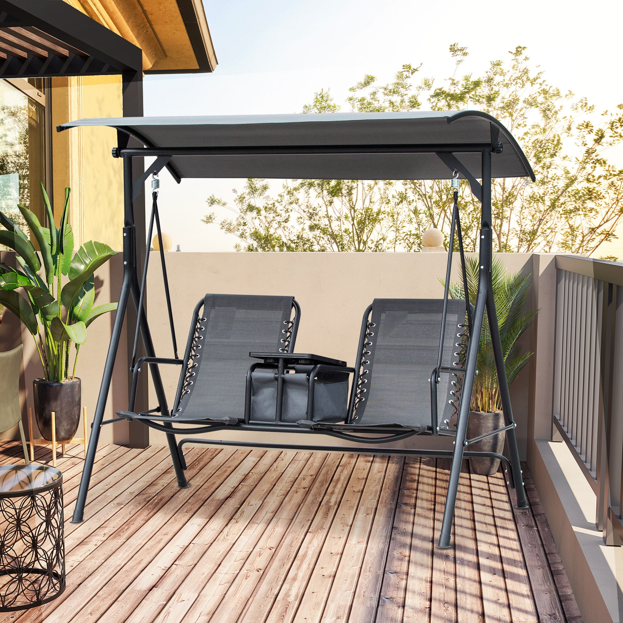 Outsunny 2 Person Covered Porch Swing Patio Swing with Pivot Storage Table, Cup Holder, & Adjustable Overhead Canopy, Grey