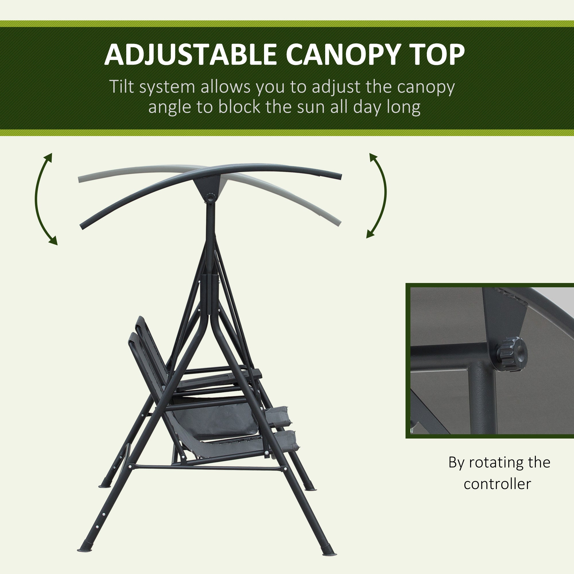 Outsunny 2 Person Covered Porch Swing Patio Swing with Pivot Storage Table, Cup Holder, & Adjustable Overhead Canopy, Grey