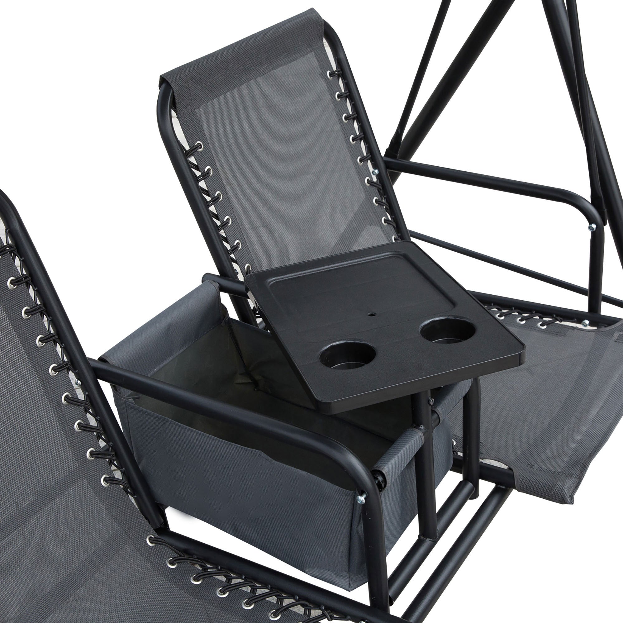 Outsunny 2 Person Covered Porch Swing Patio Swing with Pivot Storage Table, Cup Holder, & Adjustable Overhead Canopy, Grey