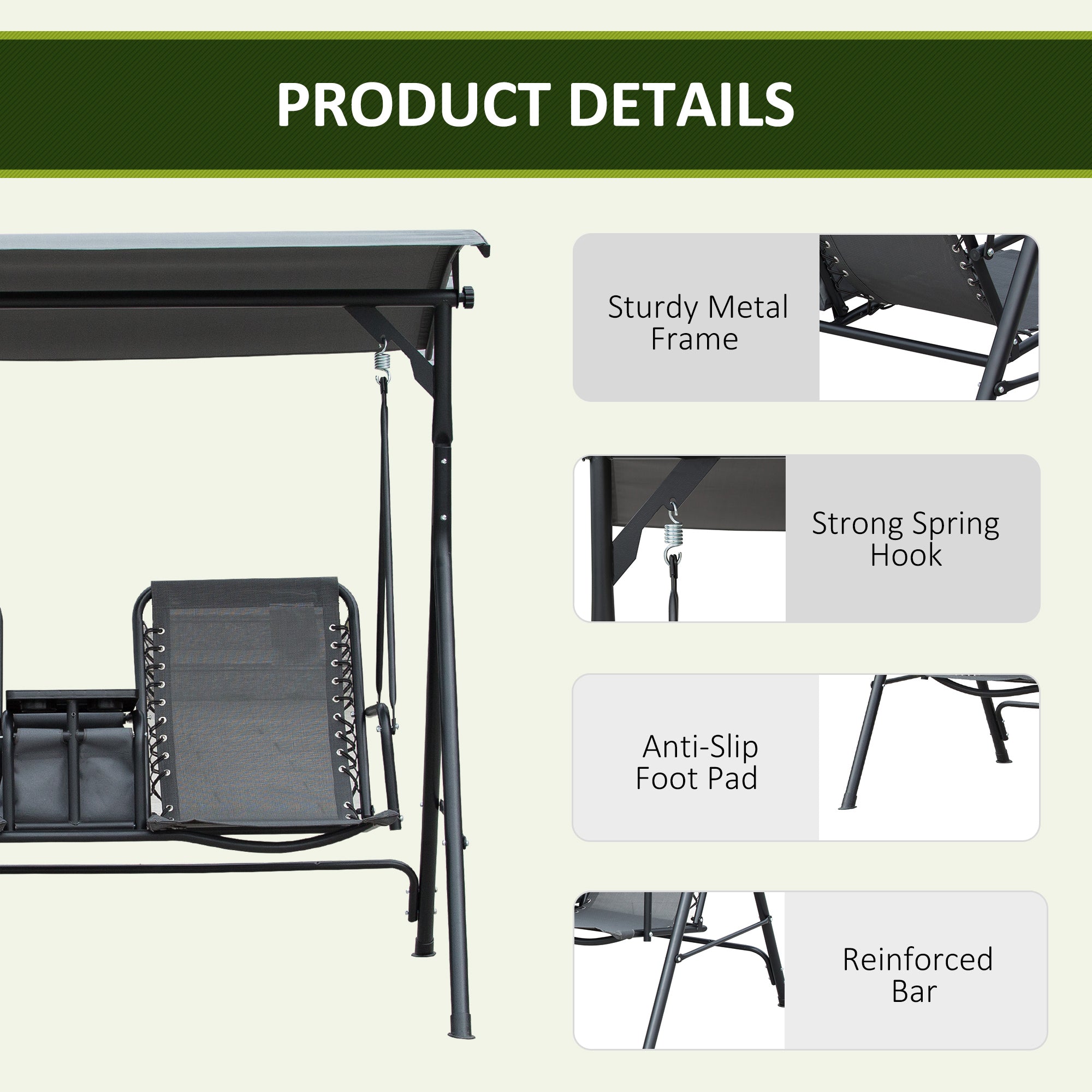 Outsunny 2 Person Covered Porch Swing Patio Swing with Pivot Storage Table, Cup Holder, & Adjustable Overhead Canopy, Grey
