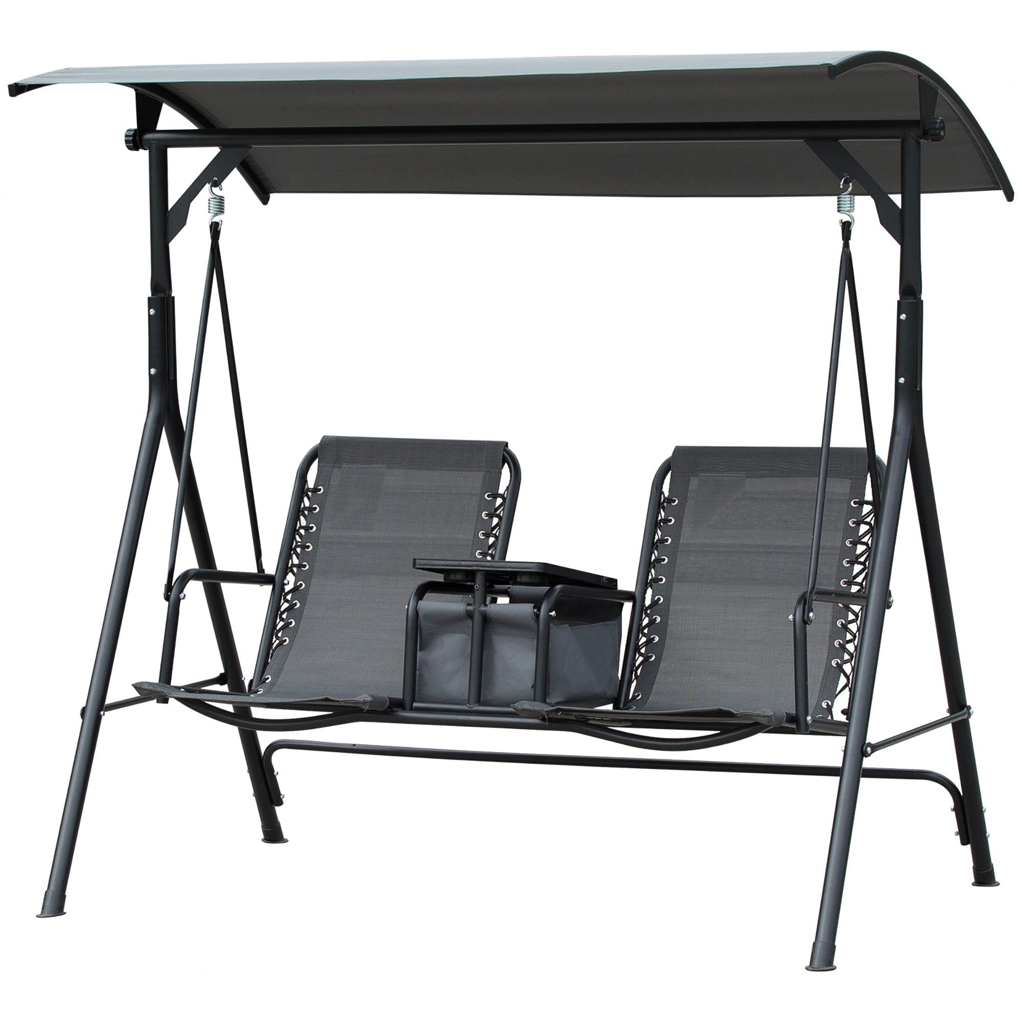 Outsunny 2 Person Covered Porch Swing Patio Swing with Pivot Storage Table, Cup Holder, & Adjustable Overhead Canopy, Grey