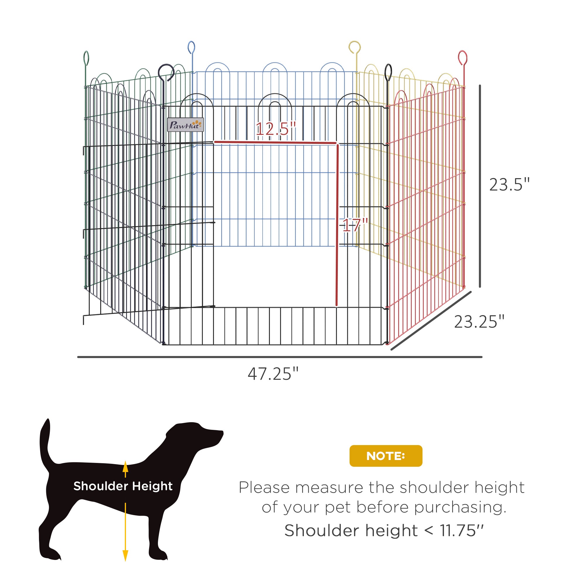 PawHut 23.5"H Metal Pet Playpen Portable Hexagon Dog Exercise Fence Flexible Shape Puppy Crate Kennel w/ Door for Outdoor