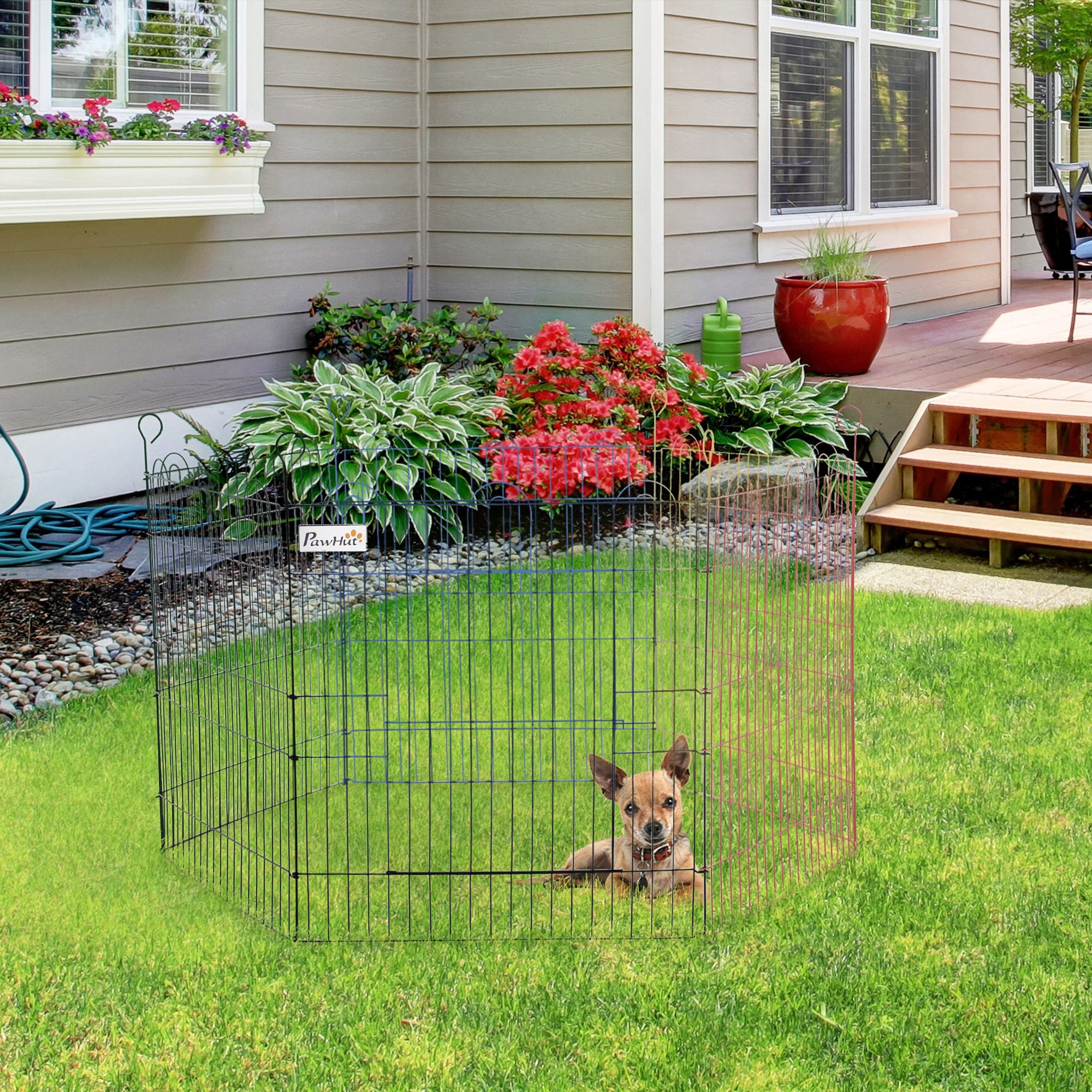 PawHut 23.5"H Metal Pet Playpen Portable Hexagon Dog Exercise Fence Flexible Shape Puppy Crate Kennel w/ Door for Outdoor