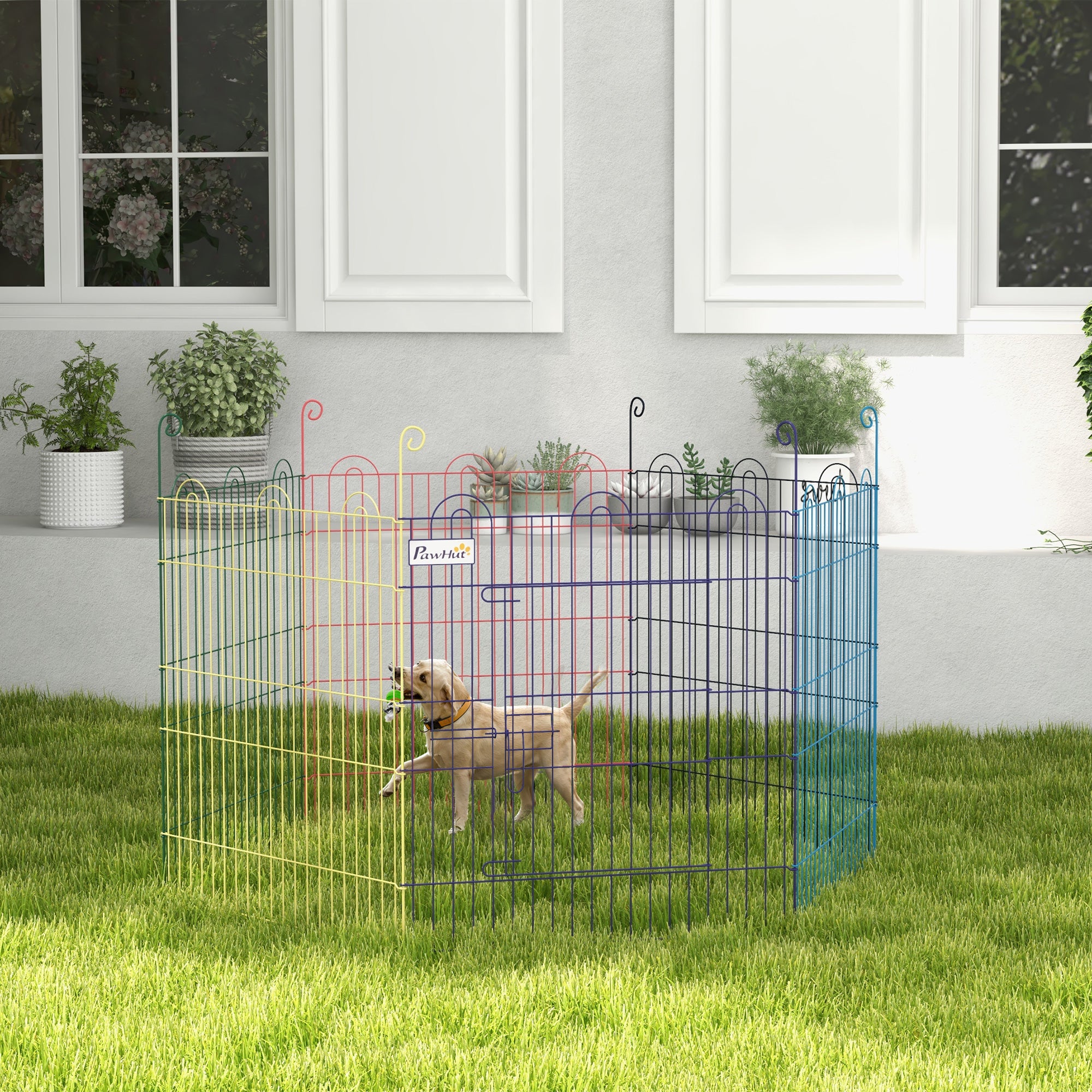 PawHut Dog Playpen Puppy Pen Metal Rabbit Run Pet Crate Fence w/ Door Indoor & Outdoor Φ120 x 60H cm