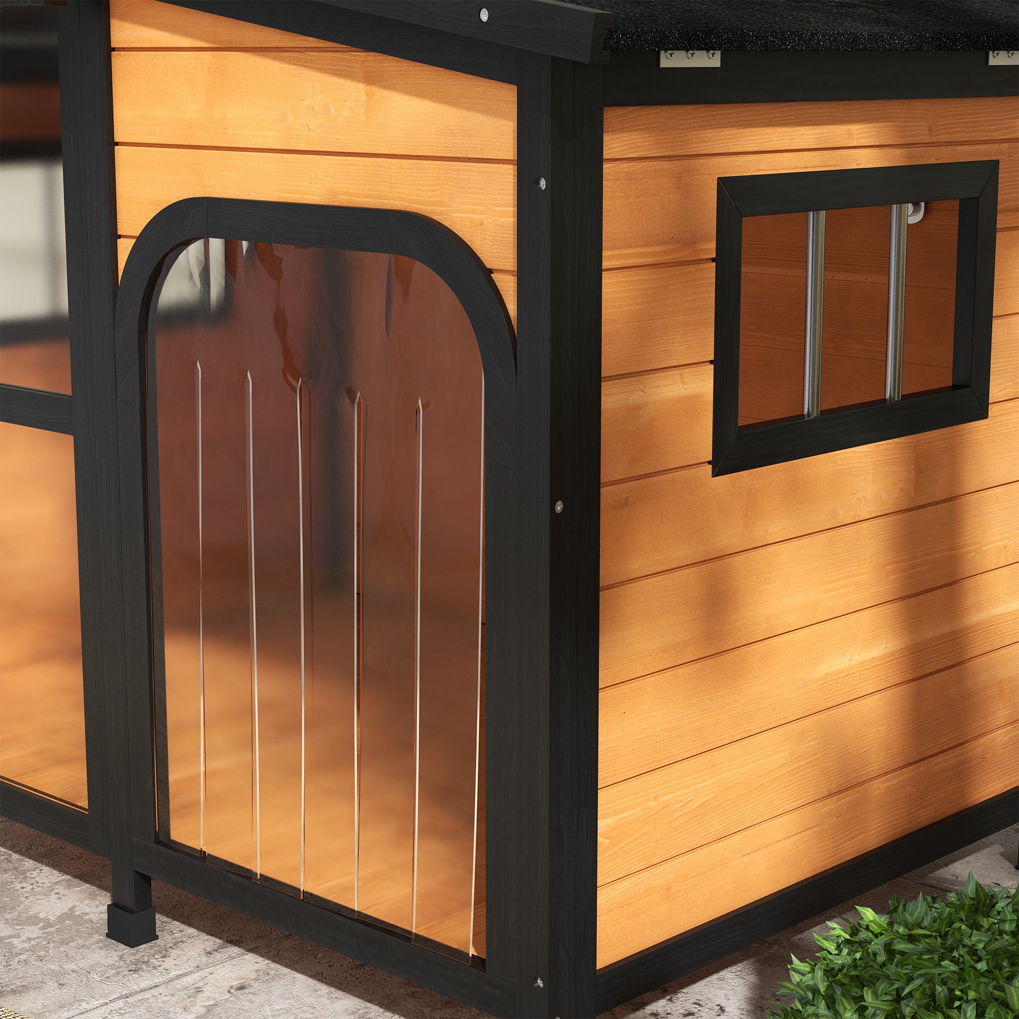 PawHut Outside Cabin-Style Wooden Dog House for Large Dogs with Openable Roof & Giant Window, Outdoor & Indoor Big Dog House, Asphalt Roof, Yellow