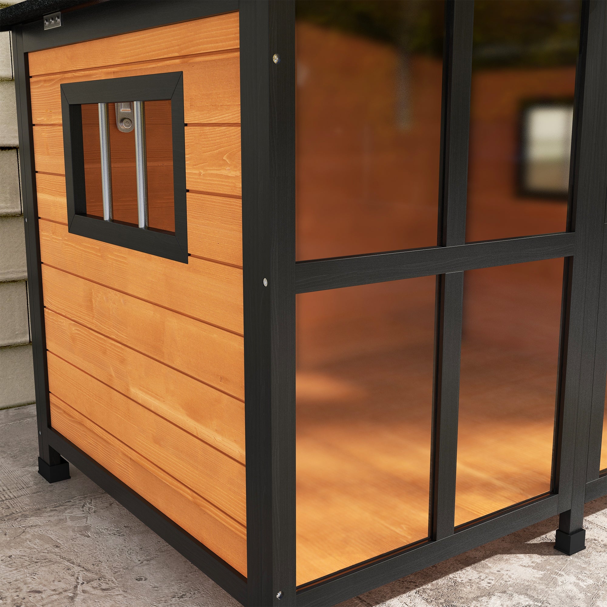 PawHut Outside Cabin-Style Wooden Dog House for Large Dogs with Openable Roof & Giant Window, Outdoor & Indoor Big Dog House, Asphalt Roof, Yellow