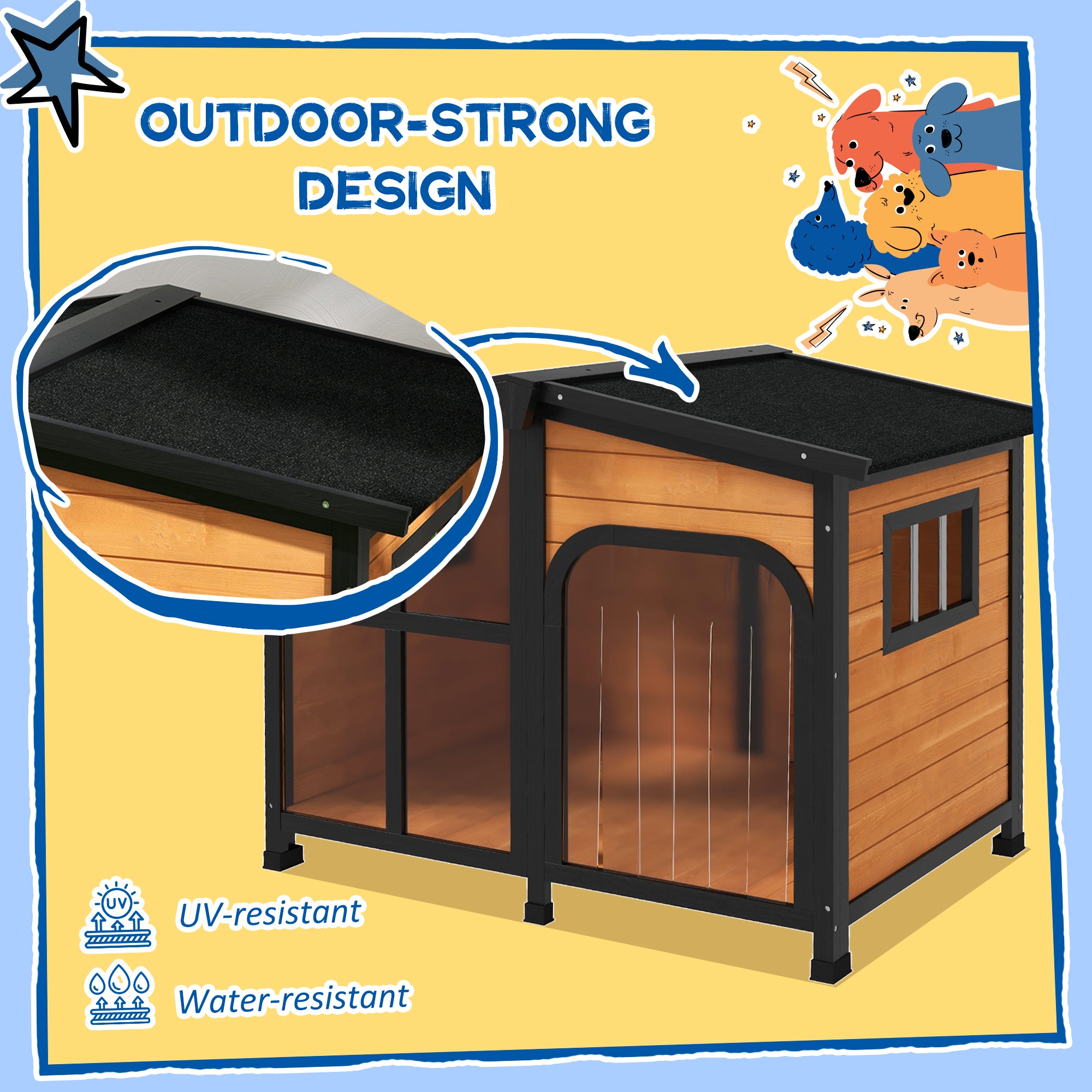 PawHut Outside Cabin-Style Wooden Dog House for Large Dogs with Openable Roof & Giant Window, Outdoor & Indoor Big Dog House, Asphalt Roof, Yellow