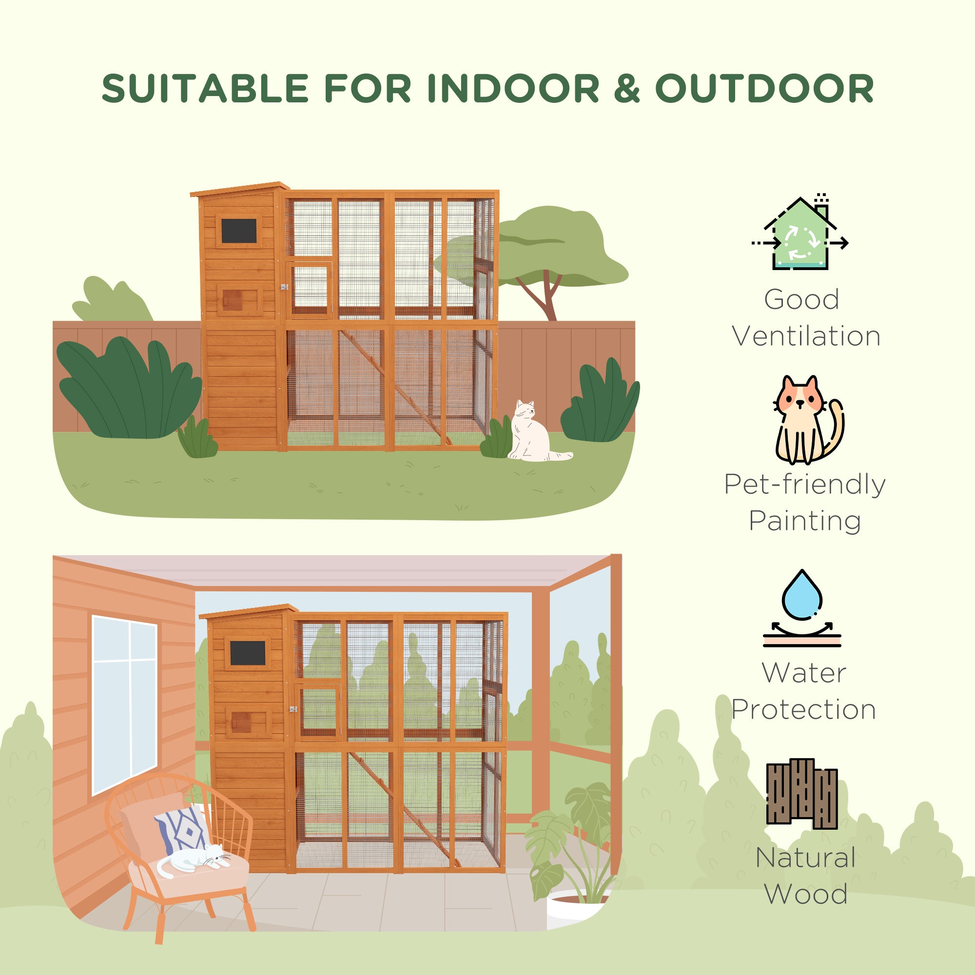 PawHut Large Catio Outdoor Cat Enclosure Weatherproof Cat House with Cat Condo, Indoor Wooden Cat Cage Pet Kennel, 77