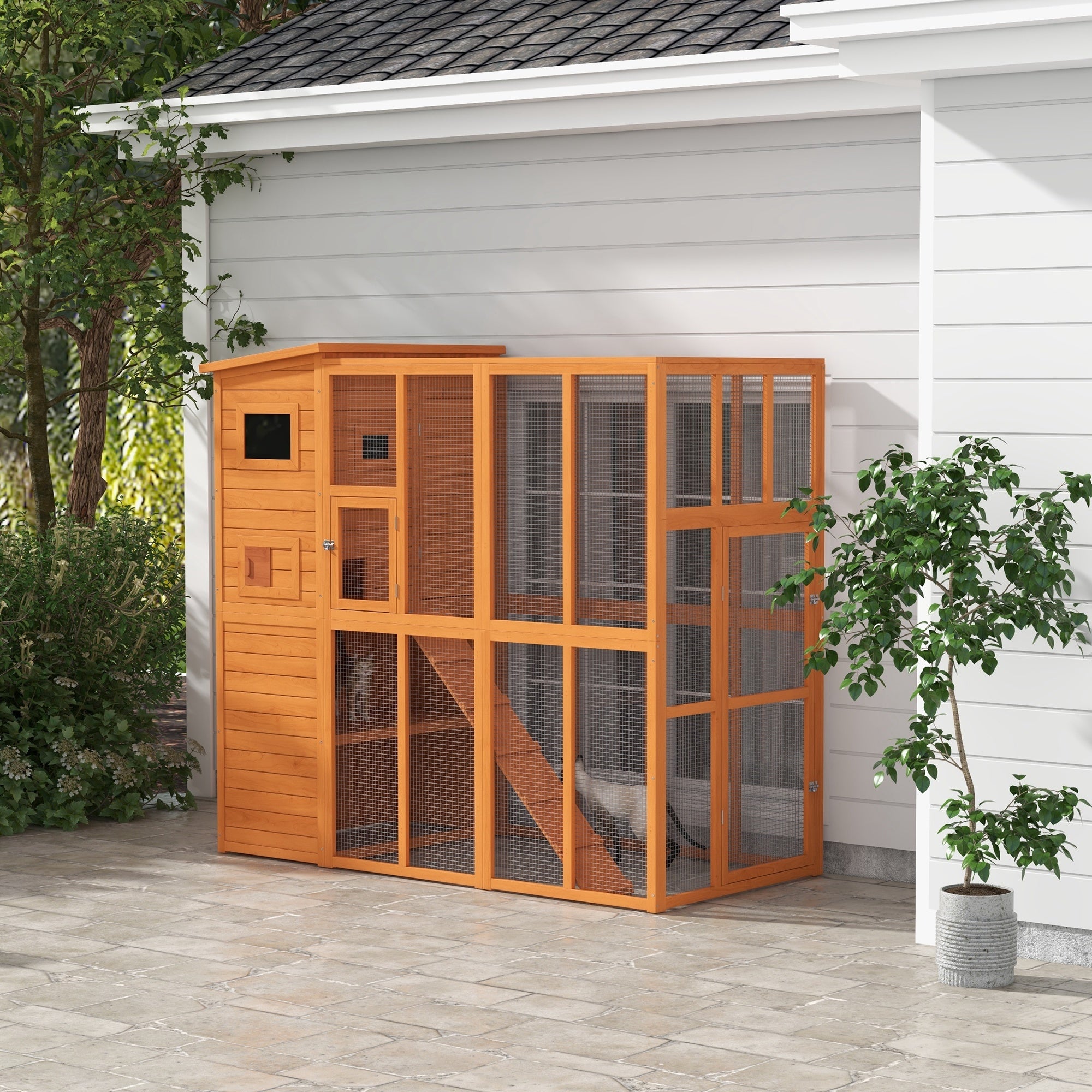 PawHut Large Catio Outdoor Cat Enclosure Weatherproof Cat House with Cat Condo, Indoor Wooden Cat Cage Pet Kennel, 77