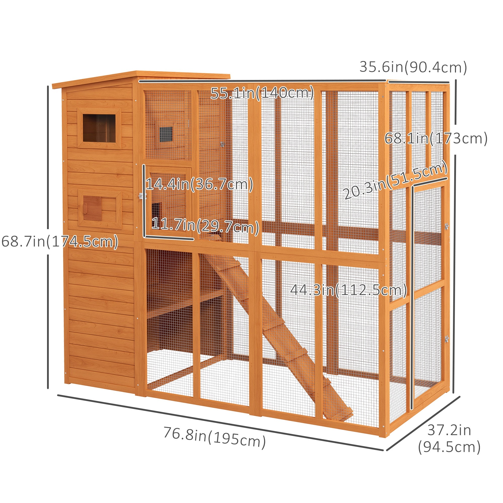 PawHut Large Catio Outdoor Cat Enclosure Weatherproof Cat House with Cat Condo, Indoor Wooden Cat Cage Pet Kennel, 77"L x 38"W x 69"H, Orange