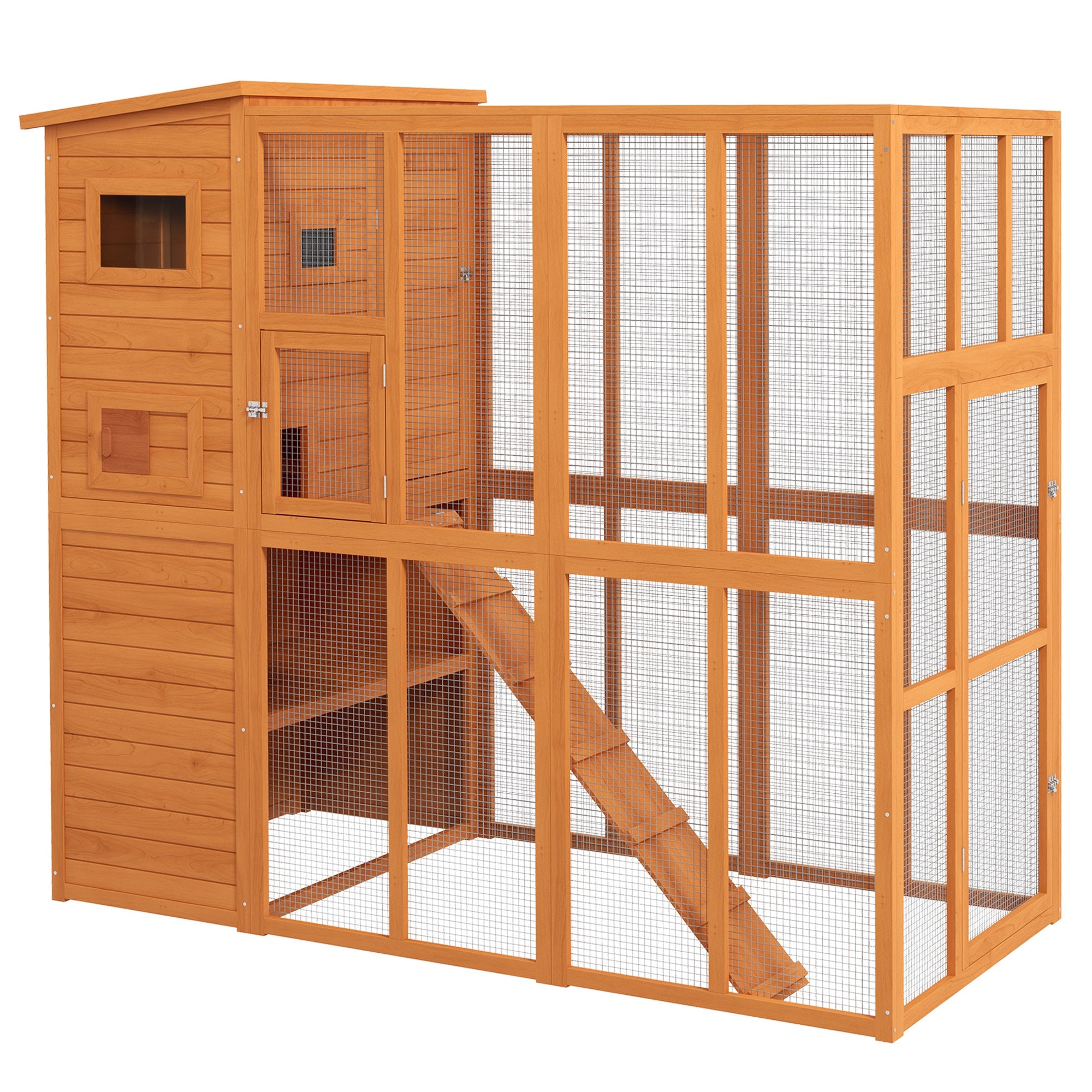 PawHut Large Catio Outdoor Cat Enclosure Weatherproof Cat House with Cat Condo, Indoor Wooden Cat Cage Pet Kennel, 77"L x 38"W x 69"H, Orange