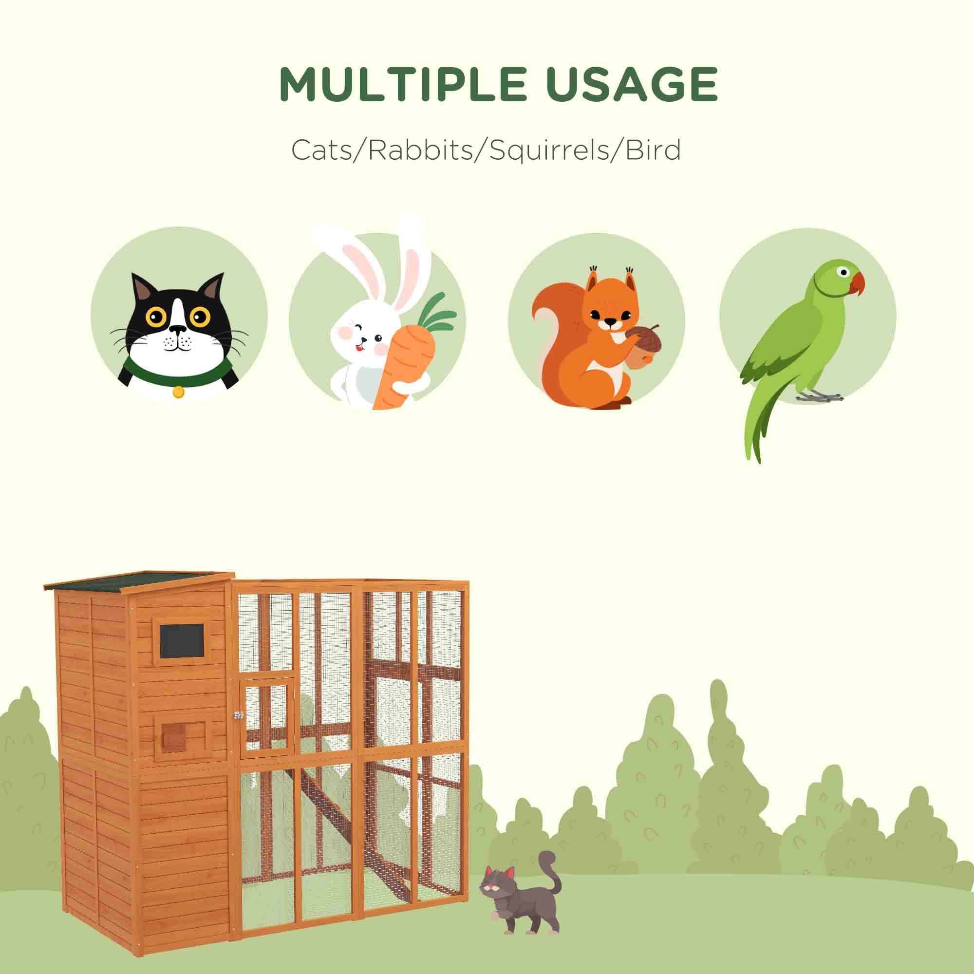 PawHut Large Catio Outdoor Cat Enclosure Weatherproof Cat House with Cat Condo, Indoor Wooden Cat Cage Pet Kennel, 77"L x 38"W x 69"H, Orange