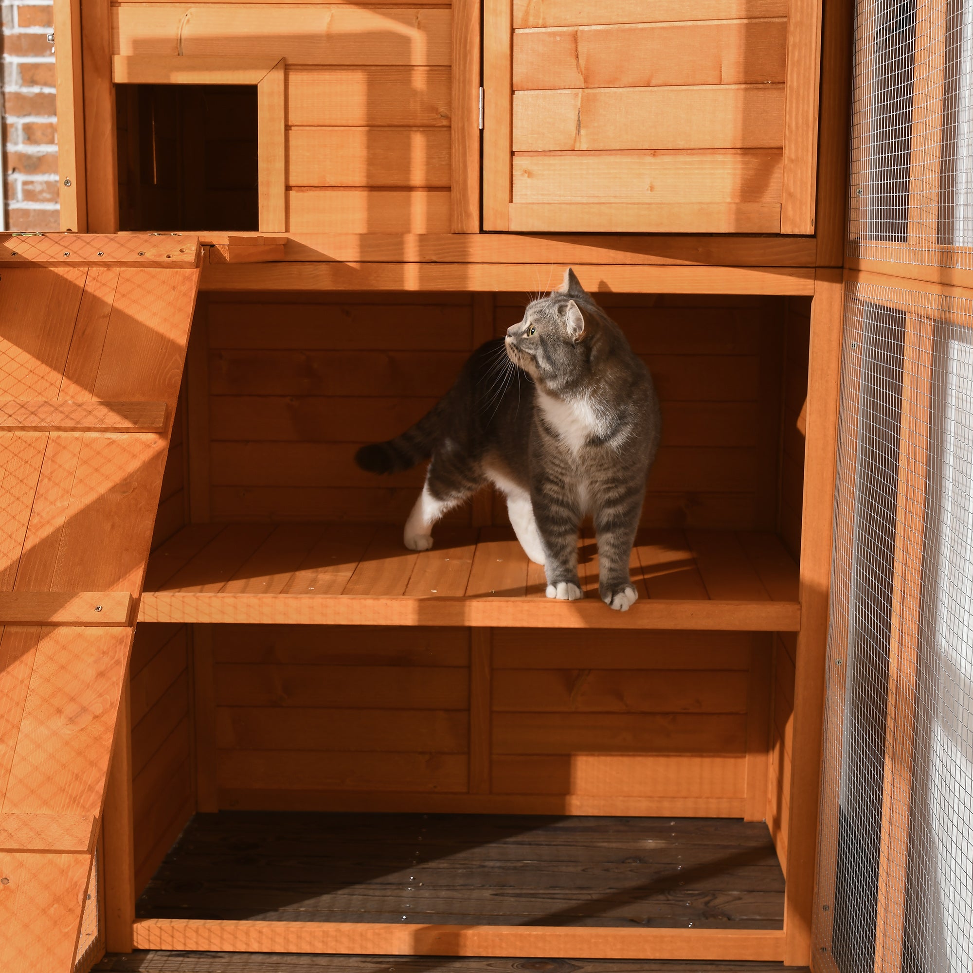 PawHut Large Catio Outdoor Cat Enclosure Weatherproof Cat House with Cat Condo, Indoor Wooden Cat Cage Pet Kennel, 77