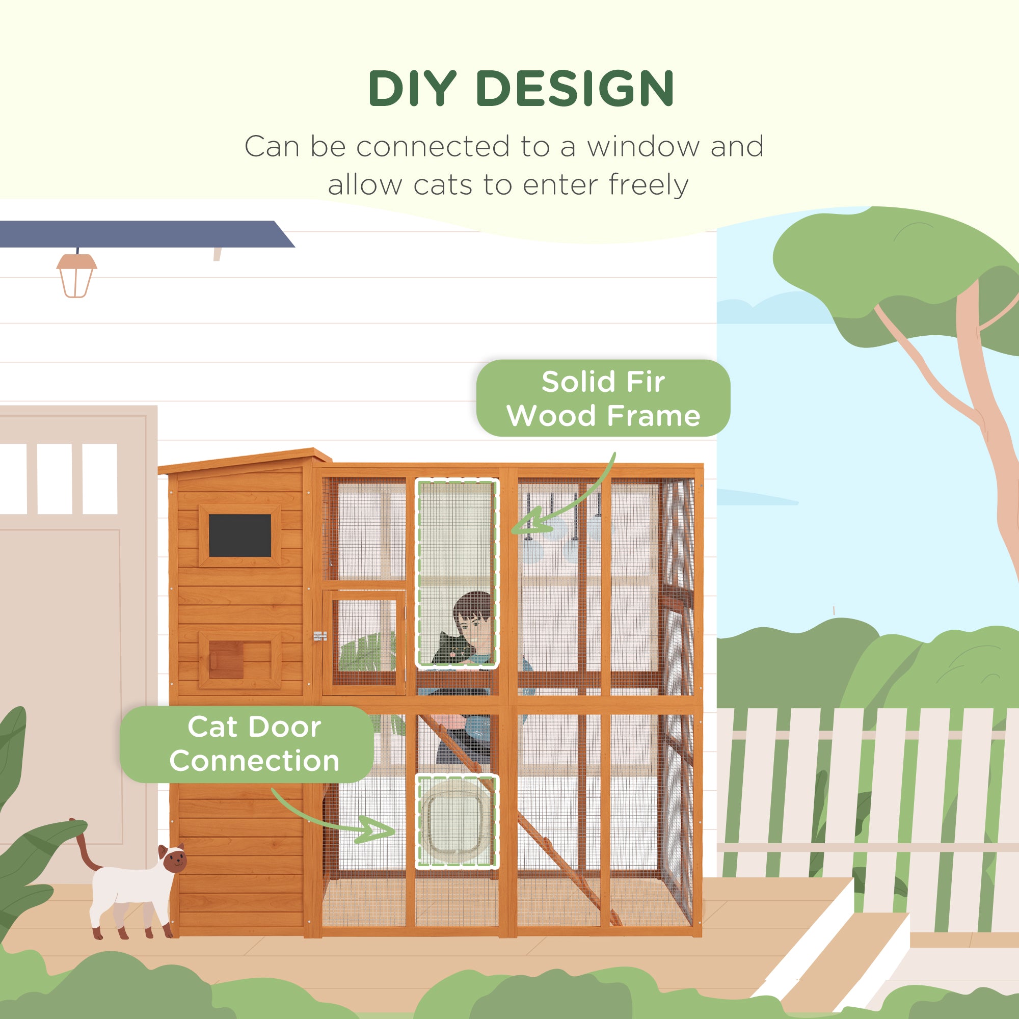 PawHut Large Catio Outdoor Cat Enclosure Weatherproof Cat House with Cat Condo, Indoor Wooden Cat Cage Pet Kennel, 77