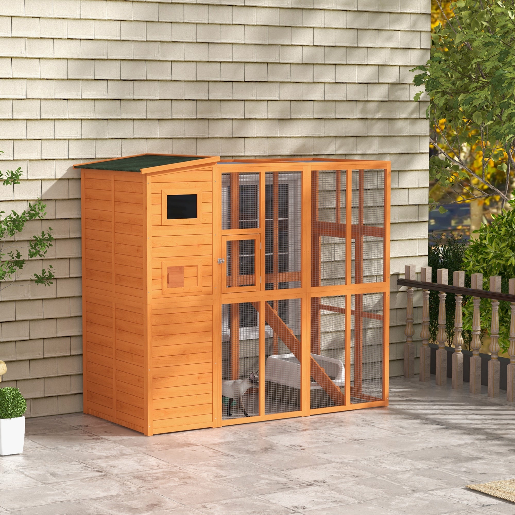 PawHut Large Catio Outdoor Cat Enclosure Weatherproof Cat House with Cat Condo, Indoor Wooden Cat Cage Pet Kennel, 77