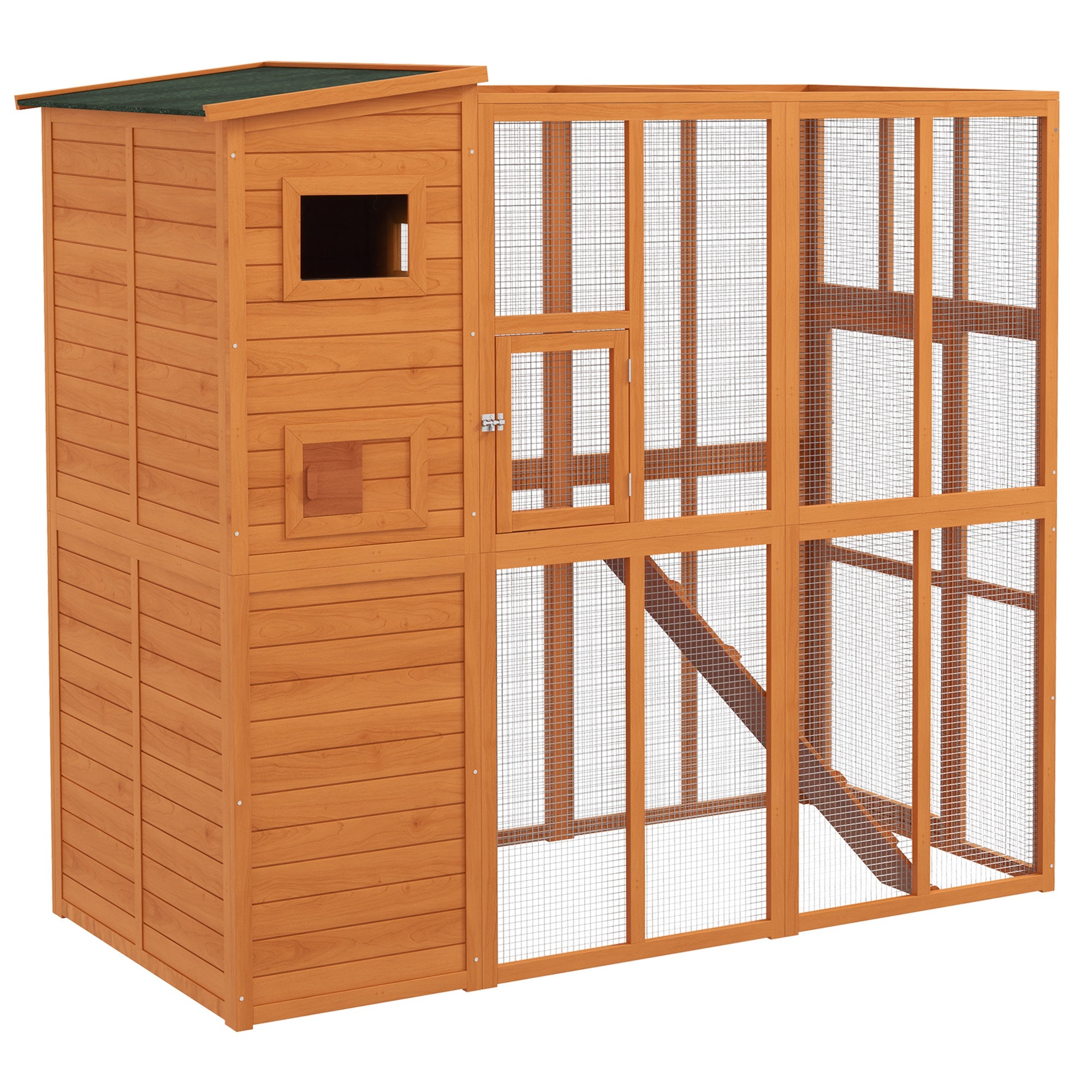 PawHut Large Catio Outdoor Cat Enclosure Weatherproof Cat House with Cat Condo, Indoor Wooden Cat Cage Pet Kennel, 77"L x 38"W x 69"H, Orange