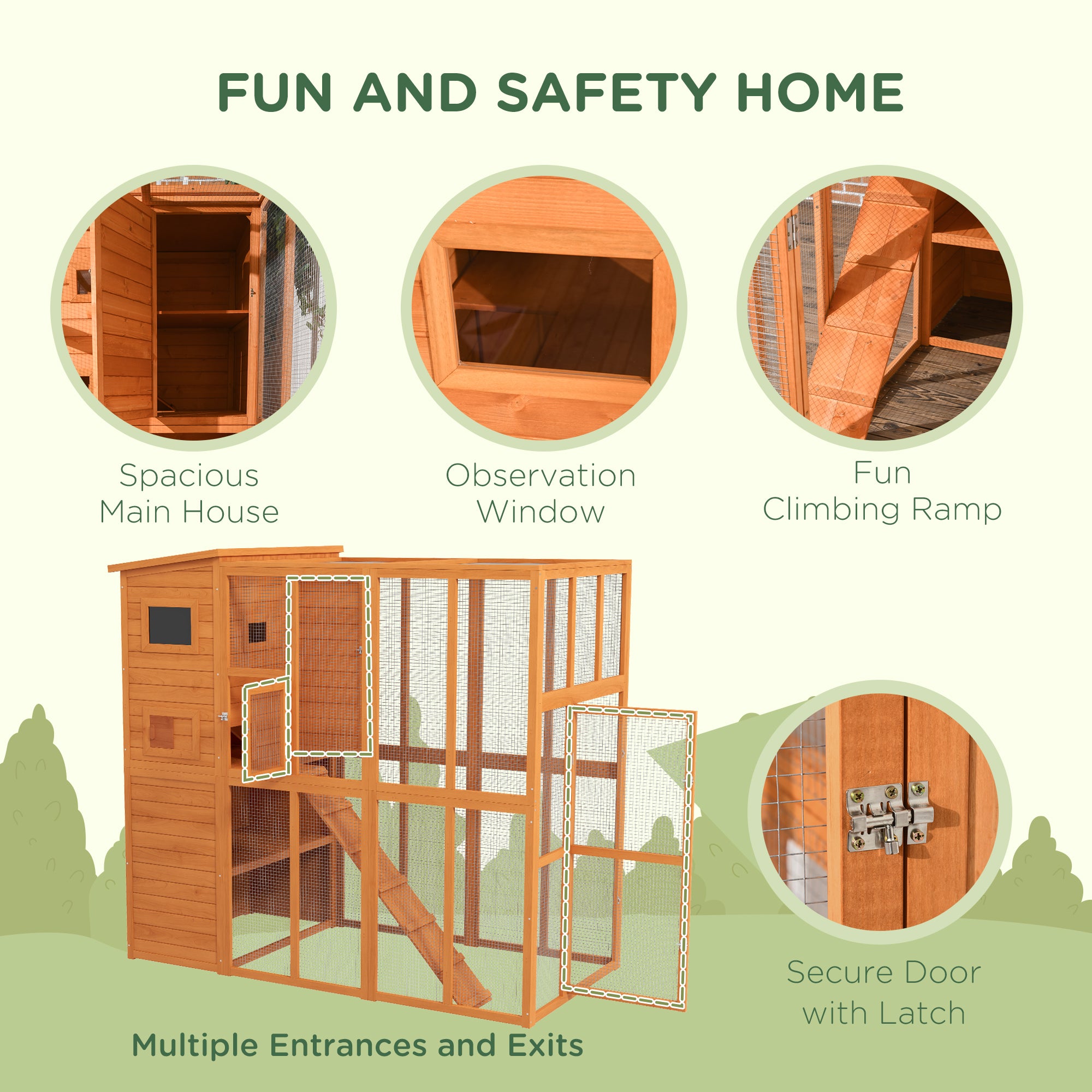 PawHut Large Catio Outdoor Cat Enclosure Weatherproof Cat House with Cat Condo, Indoor Wooden Cat Cage Pet Kennel, 77"L x 38"W x 69"H, Orange